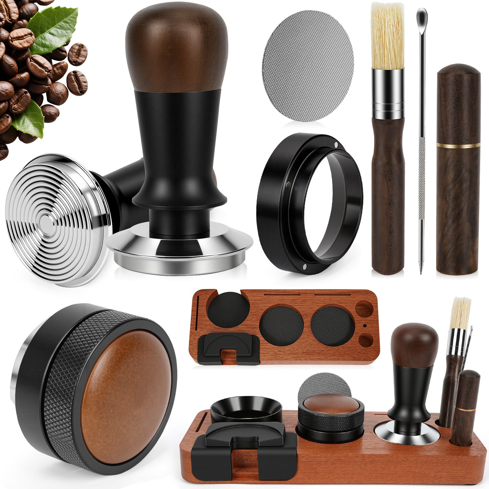 OSTWOLKE Tamperstation 51mm Espresso Tamper mit Tamperstation Kaffeeverteiler WDT Tool Holz