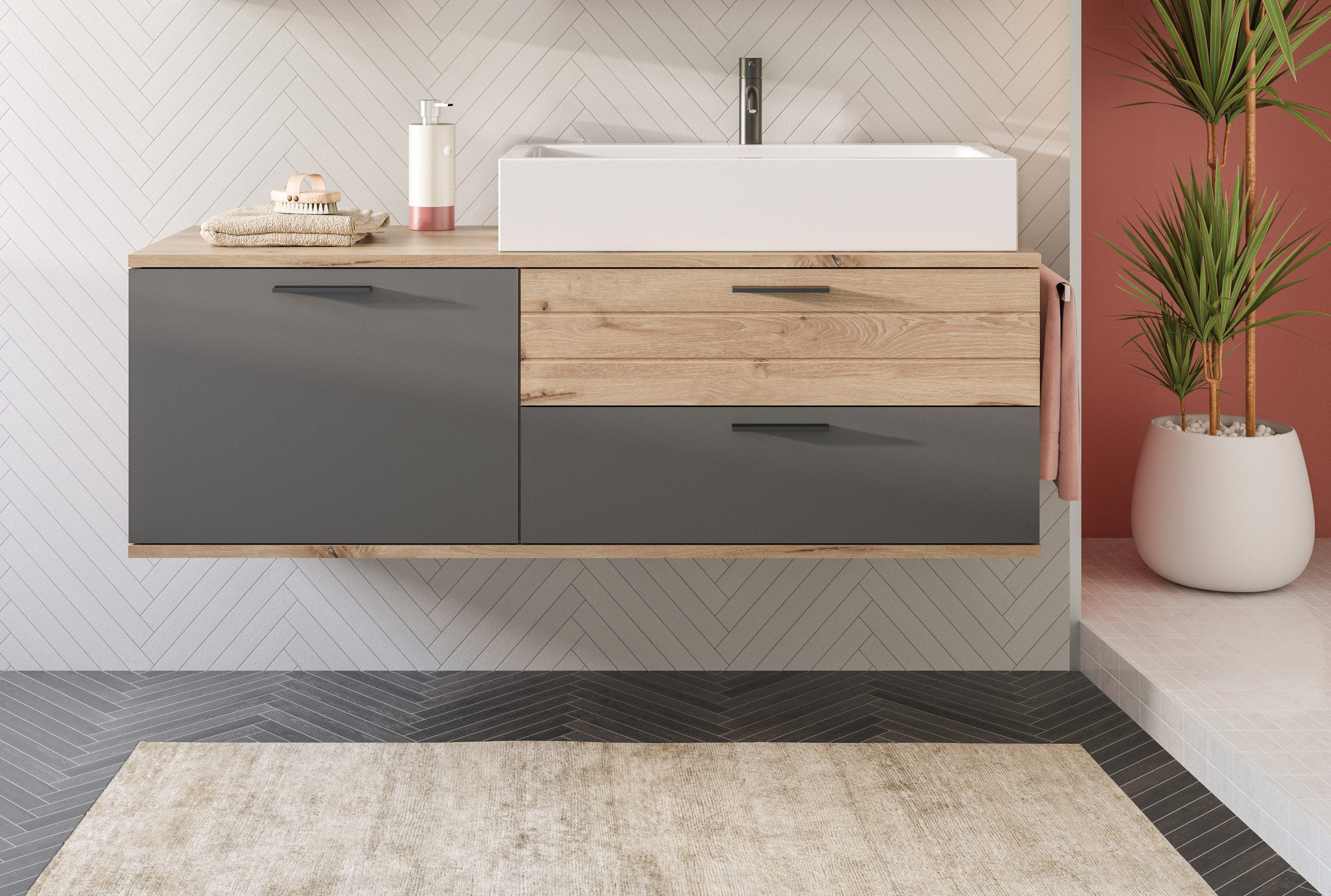 welltime Waschtisch-Set Riga, Breite 140 cm, inkl. Aufsatzwaschbecken, 2 Schubkästen, 1 Tür, (Set, 1-St), Hängeschrank, Unterschrank, Badmöbel, Badschrank, Schrank, Bad
