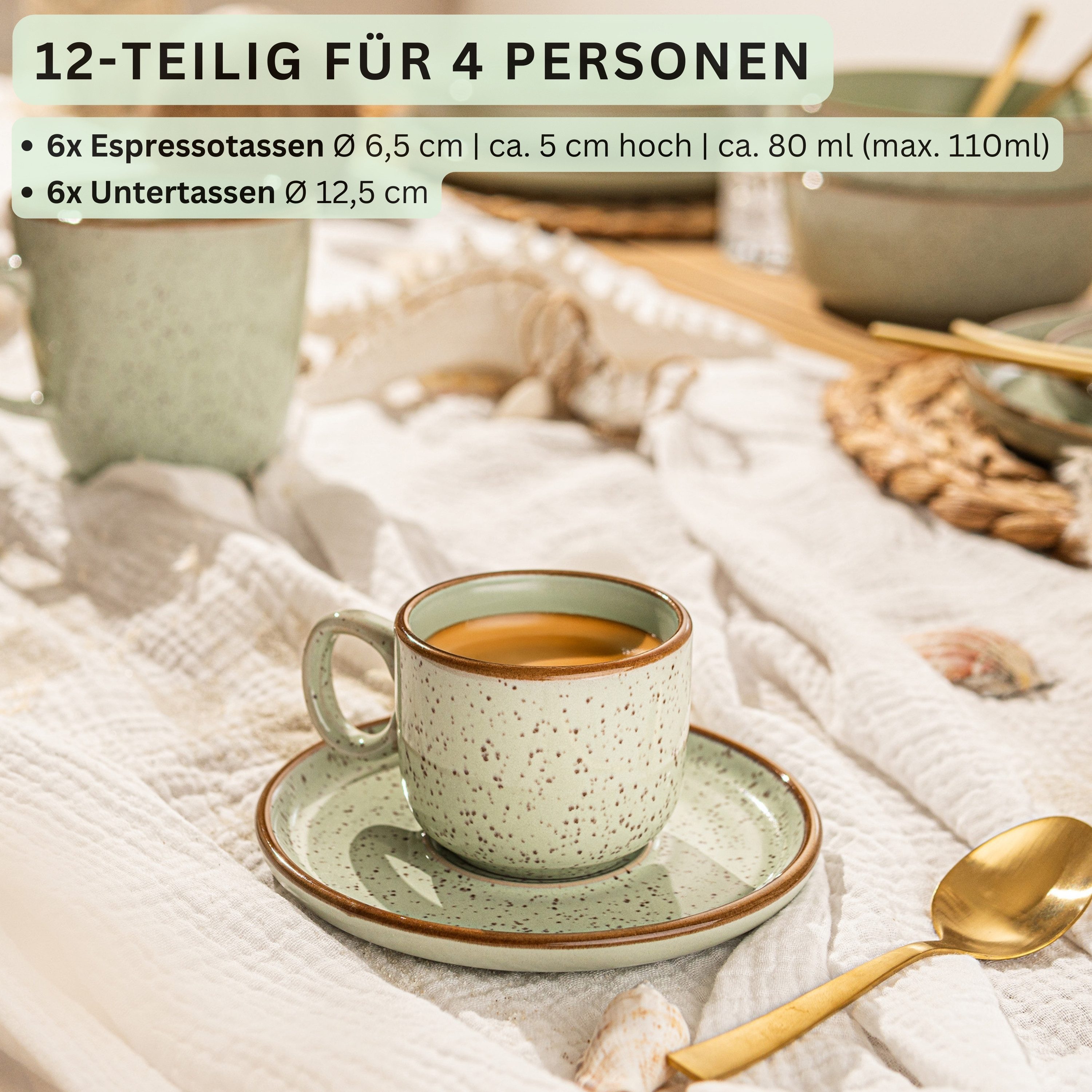 SÄNGER Espressotasse Set 12 tlg. Rio, 12-tlg., Steingut, Minze, Grün, 80 ml, VALUE COLLECTION