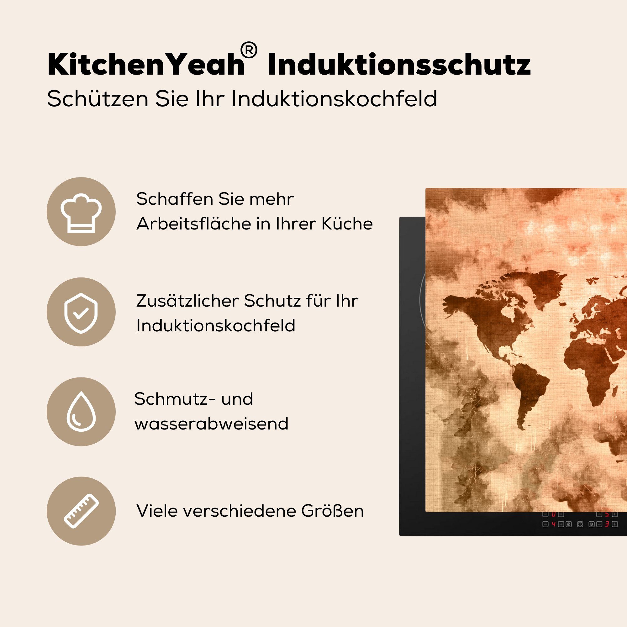 Braun, Vinyl, cm, tlg), - Smoke - für Weltkarte MuchoWow Herdblende-/Abdeckplatte Arbeitsplatte küche Ceranfeldabdeckung, 78x78 (1