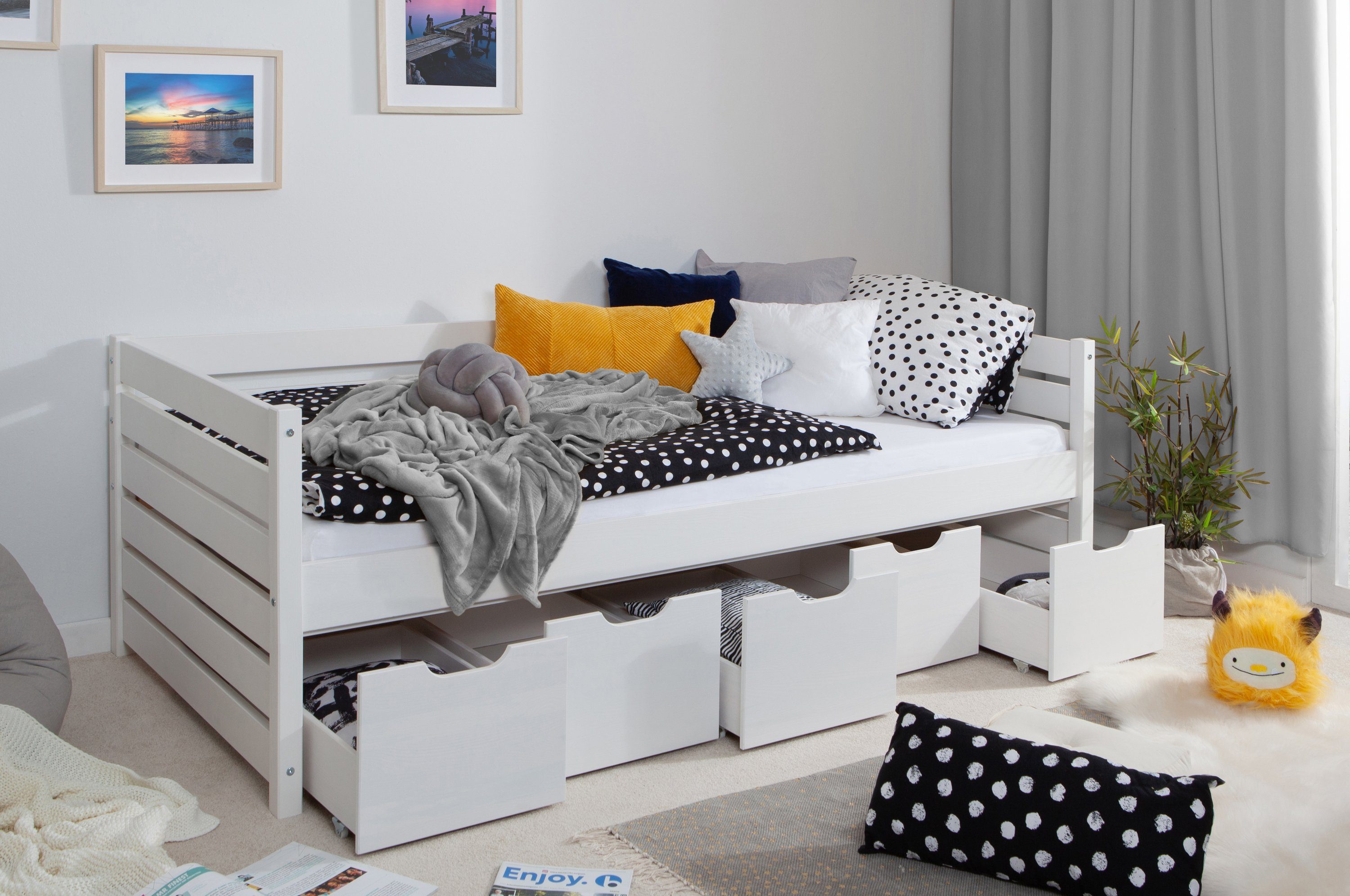 Ticaa Bettgestell Sofabett Naomi inkl. 5x Schubkästen, 120x200, Weiß