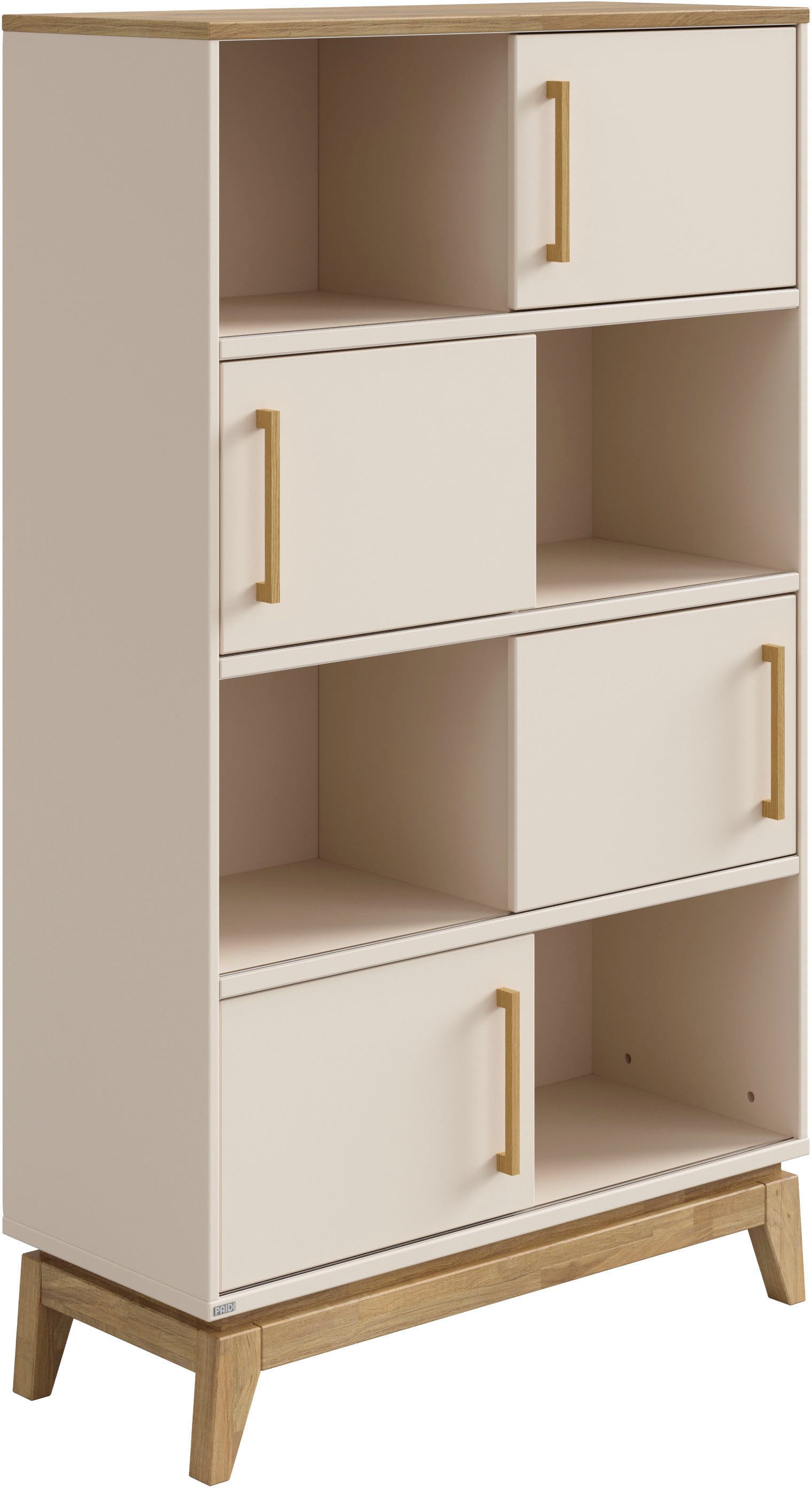 PAIDI Standregal STIENE in Beige oder Grau, 8 Fächer, 4 Schiebetüren mit Soft-Close, modernes und langlebiges Regal mit Massivholz, Highboard