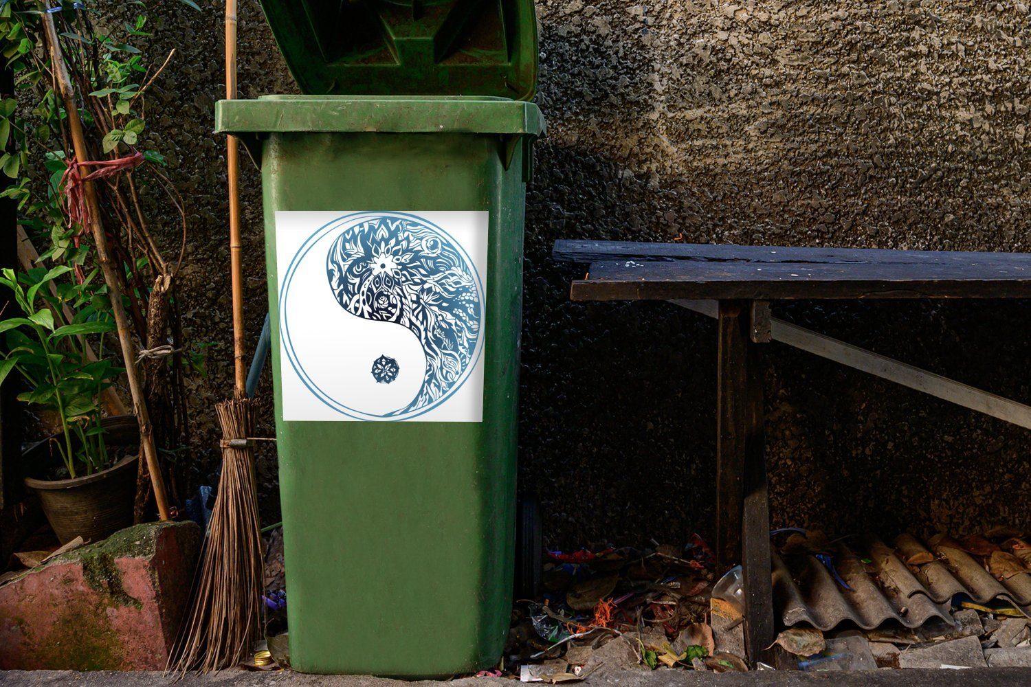 Mülleimer-aufkleber, von Abfalbehälter in MuchoWow Blumen Illustration Mülltonne, Container, Wandsticker Sticker, Yang (1 und St), Eine Yin