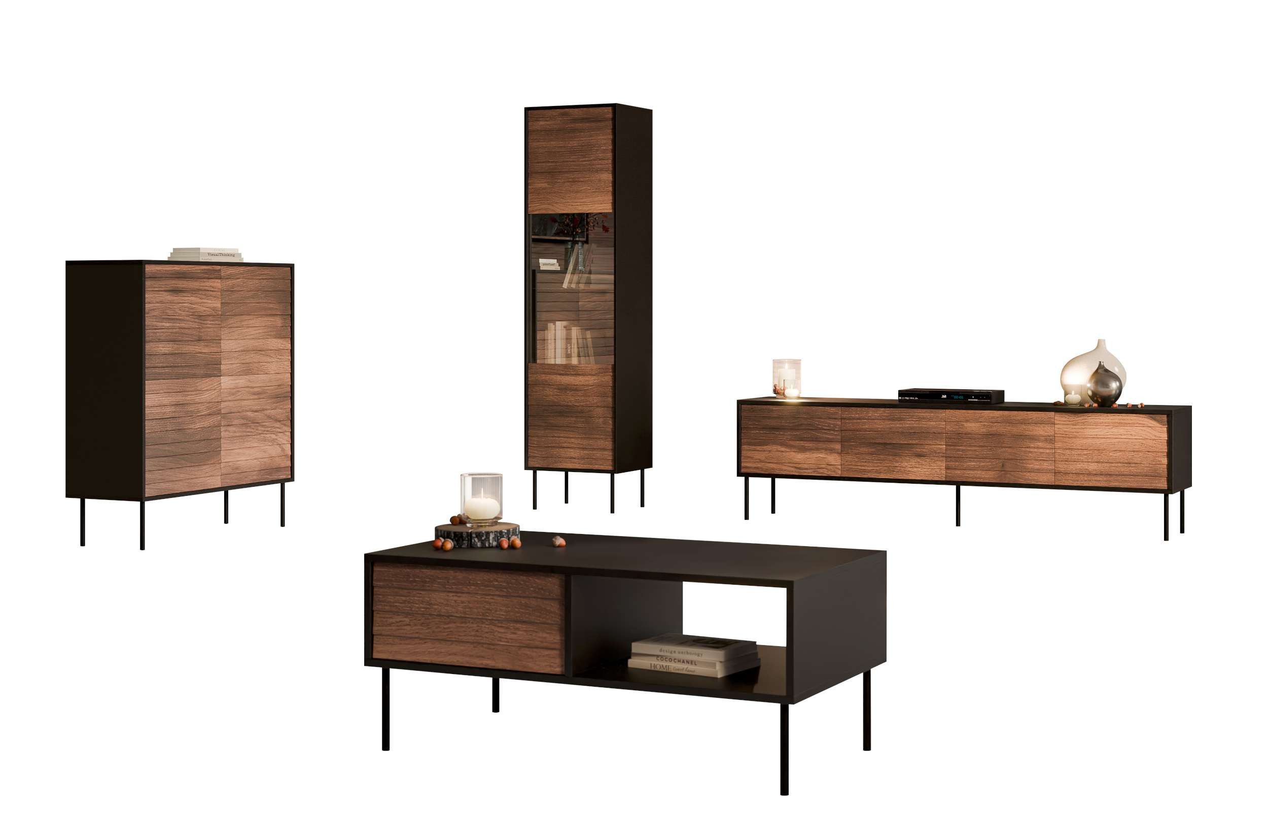 99rooms Wohnwand Corn, (Set (4-St), Wohnmöbel), bestehend aus Kommode, Vitrine, Couchtisch, Lowboard
