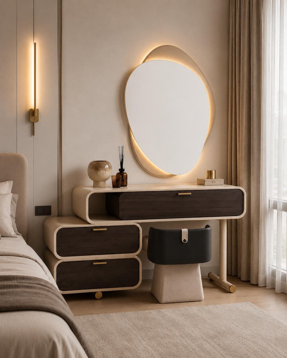 JVmoebel Schminktisch Schlafzimmer Set Schminktisch Sitzhocker Spiegel Modern Beige Bequem, Made in Europa