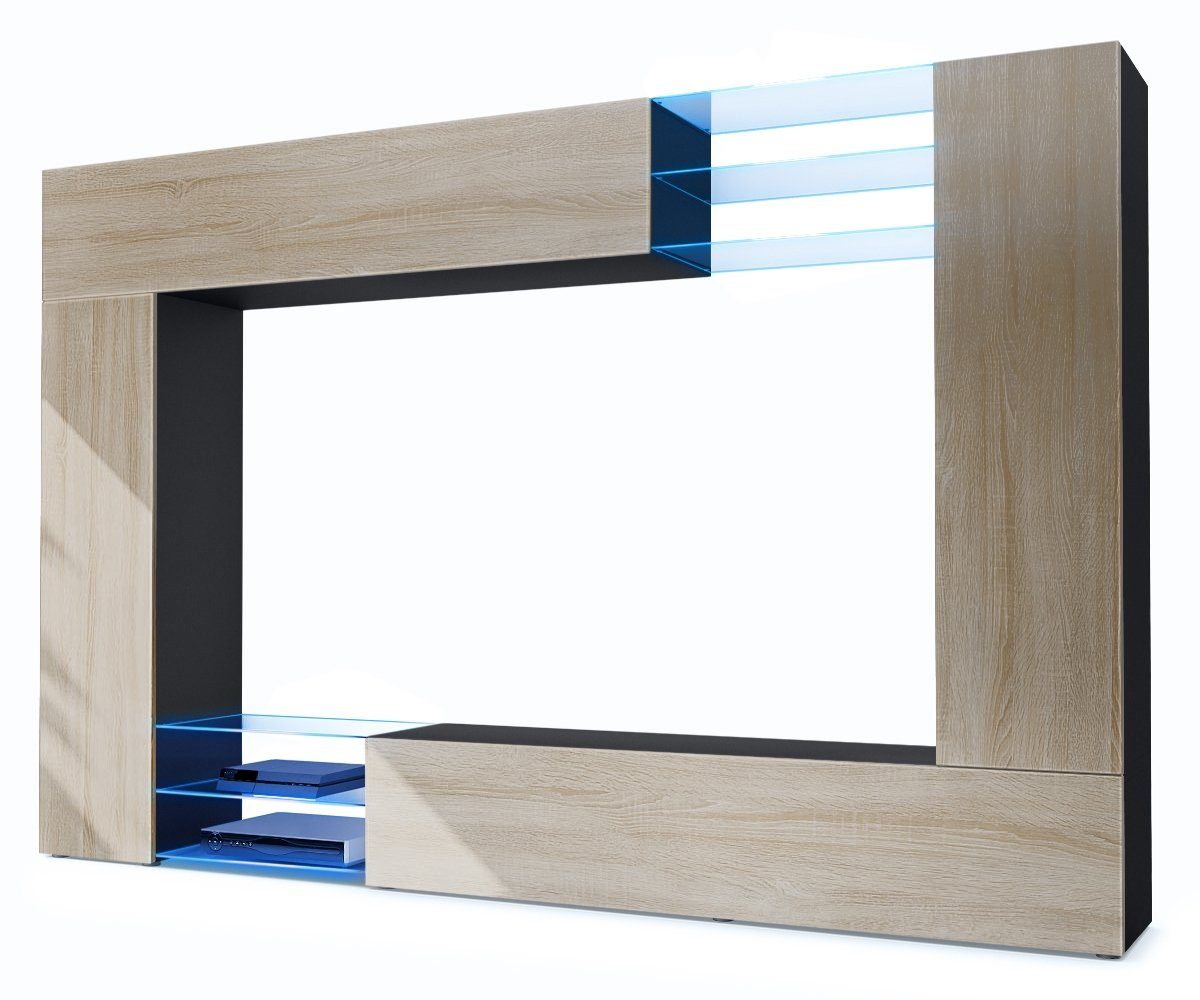 Vladon Wohnwand Mirage, (Anbauwand mit Rückwand mit 2 Türen, 2 Klappen und 6 offenen Glasablagen), Schwarz matt/Eiche Sägegrau, inkl. LED-Beleuchtung (262 x 183 x 39 cm)
