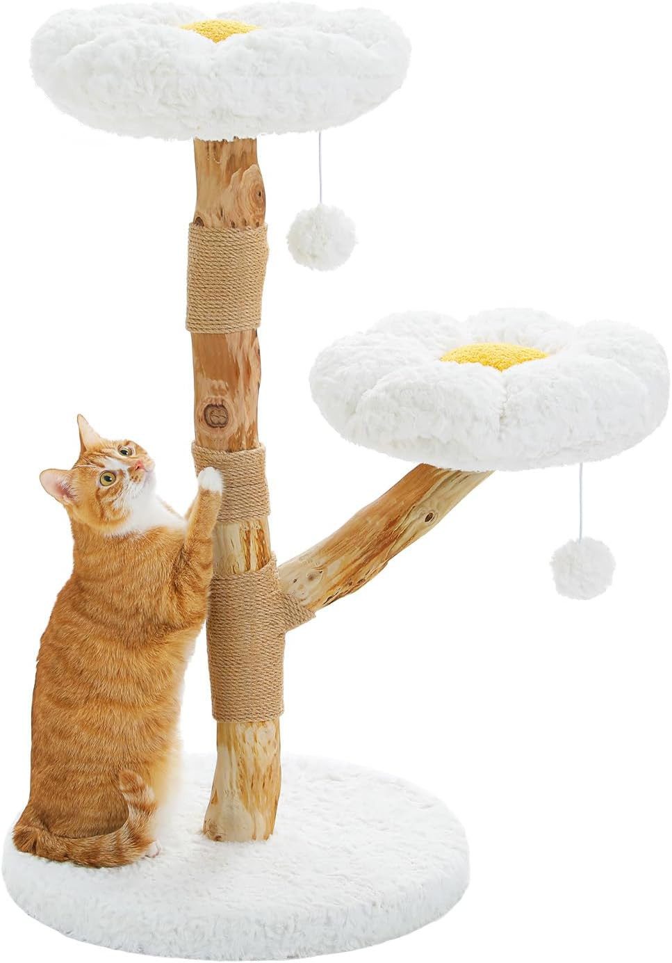 Purpurra Kratzbaum Naturgetreuer Kratzbaum mit Korb, Höhle und Hängematte, 90/100/120cm, Echtes Holz