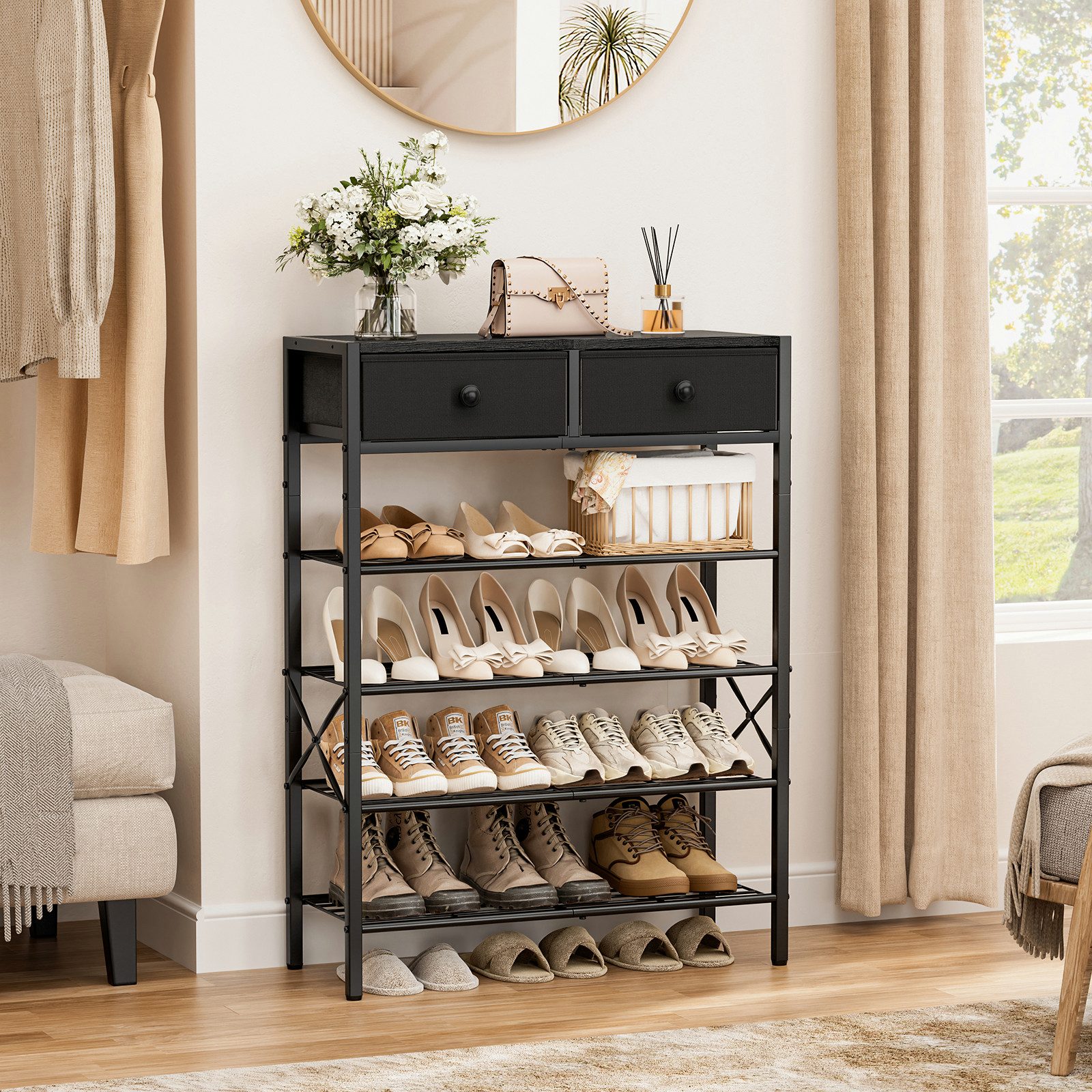 FABATO Schuhregal 5-stufiger Schuhorganizer mit 2 Vliesstoff-Schubladen & Holzplatte, 1-tlg., für Diele, Flur oder Kleiderschrank in Anthrazit – Bild 3 von 5