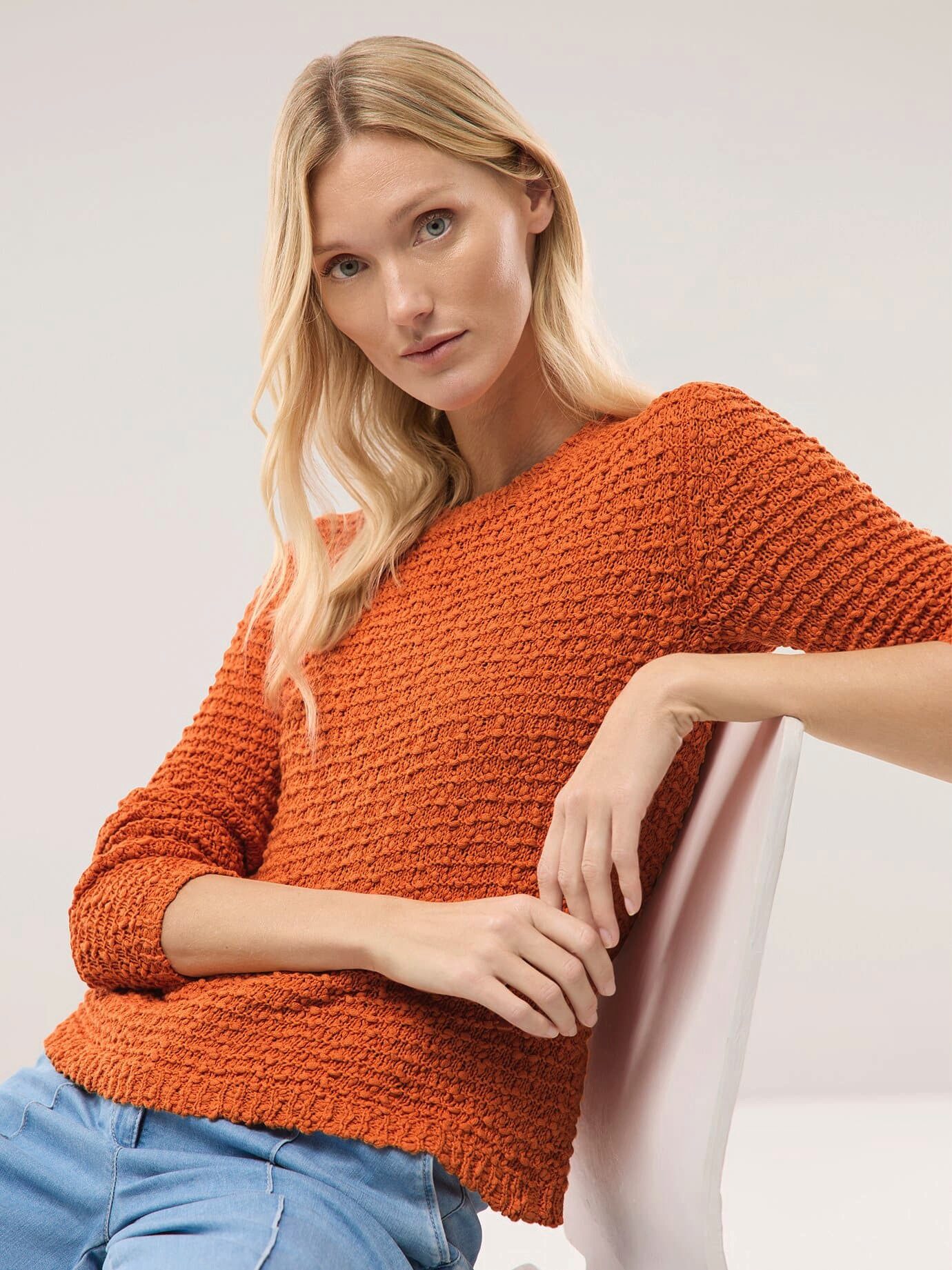 Walbusch Rundhalspullover Damen Strukturpullover mit Noppen-Effekt Rundhals Langarm, modern