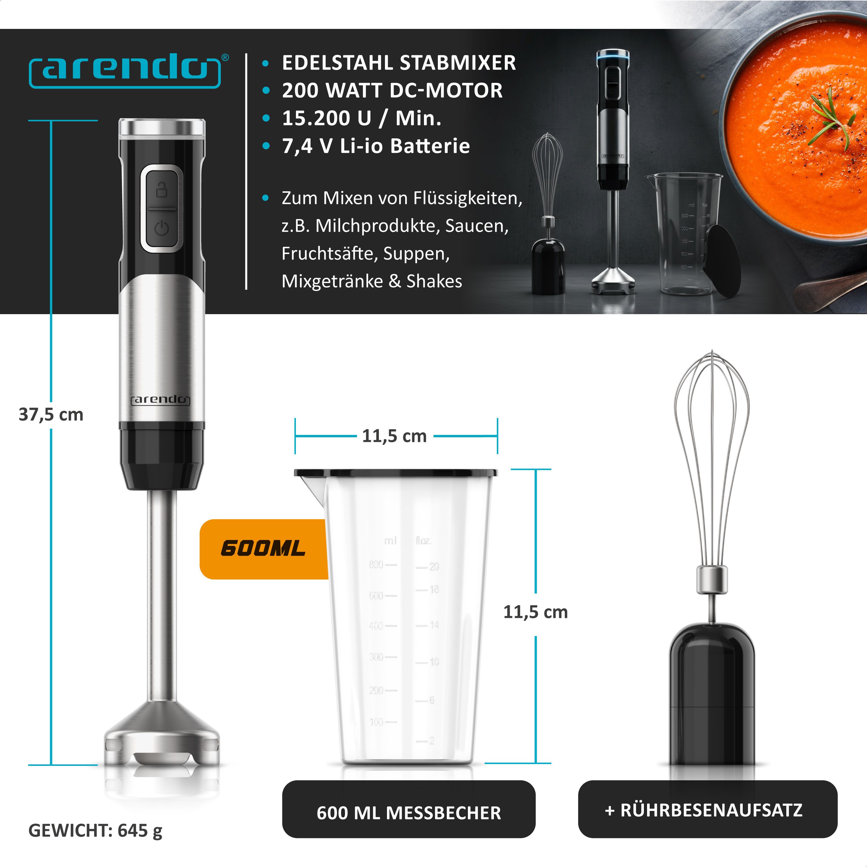 Arendo Akku-Stabmixer Edelstahl Pürierstab, Handmixer, stufenlose Regelung, Li-Ionen-Akku, 200 W, mit Schneebesen, Messbecher, 4-Klingen-Messer, Mixfuß, Tastensperre