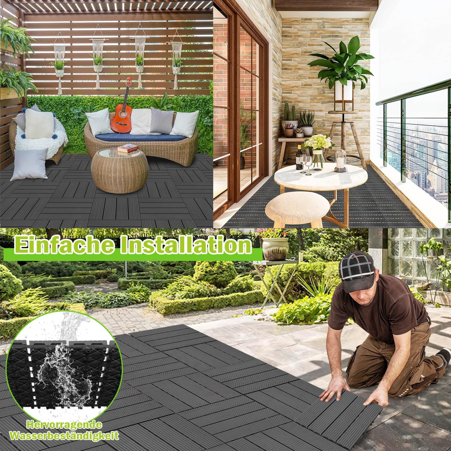 BlingBin Klickfliesen Terrassenfliesen 11 Stück 0,99 Balkonfliesen mit Klicksystem, 11 Stück, 11 St., 30B x 30T x 2H cm, Klickfliesen mit Drainagefunktion Bodenbelag Fliese für Terrasse
