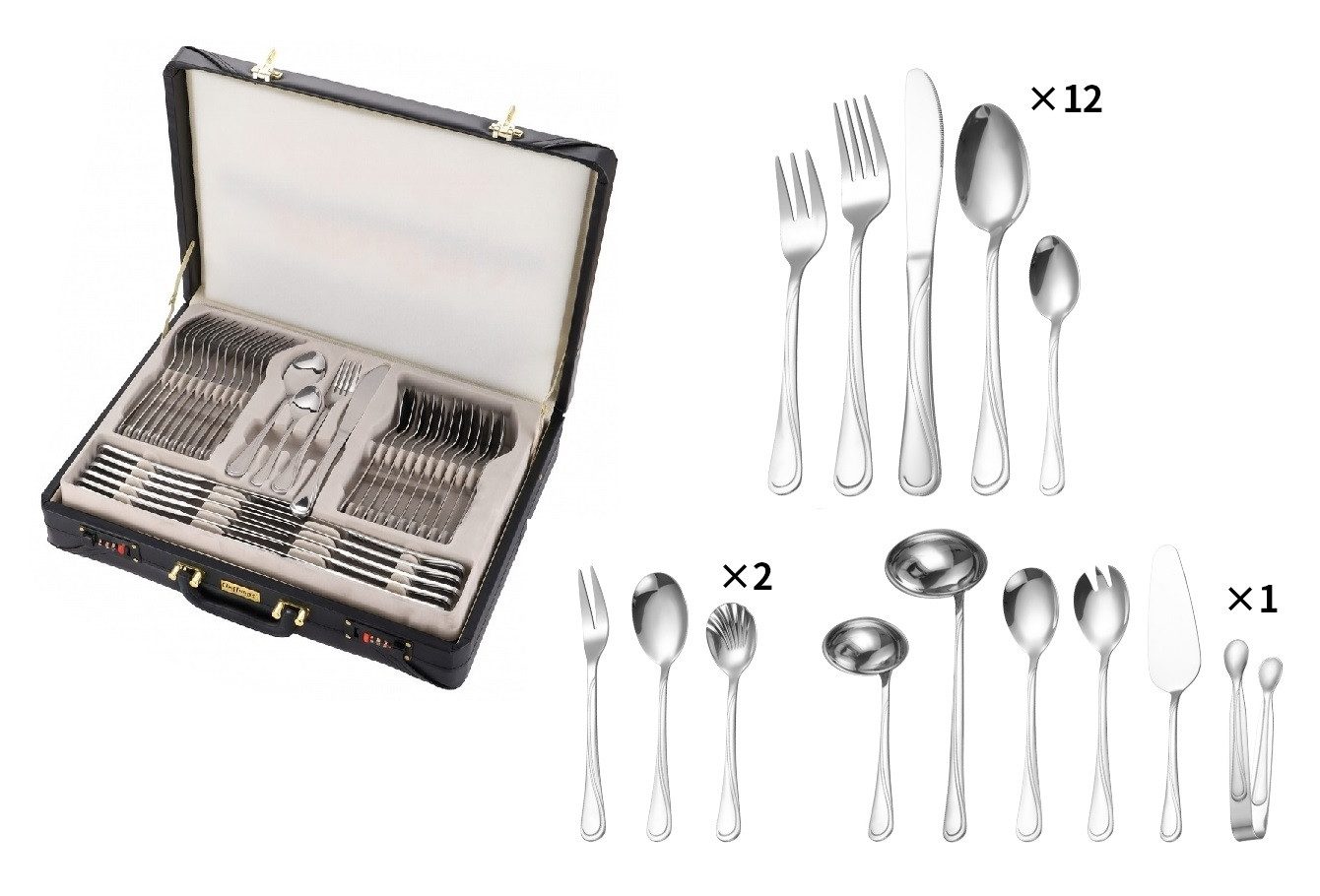 Cheffinger Besteck-Set Essbesteck Besteck-Set für 12 Personen m. Besteckkoffer 72-tlg
