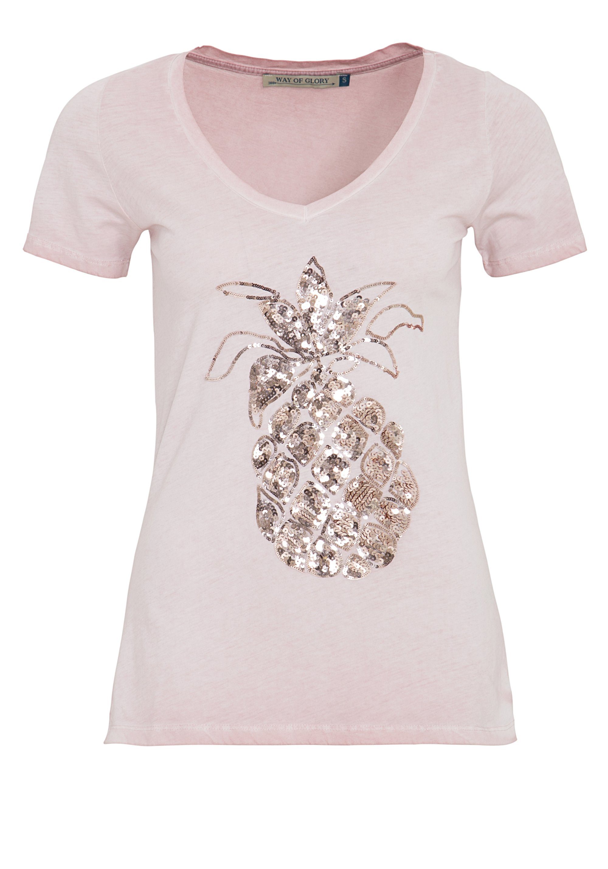 Way of Glory T-Shirt mit Pailletten Motiv in Used Waschung rosa