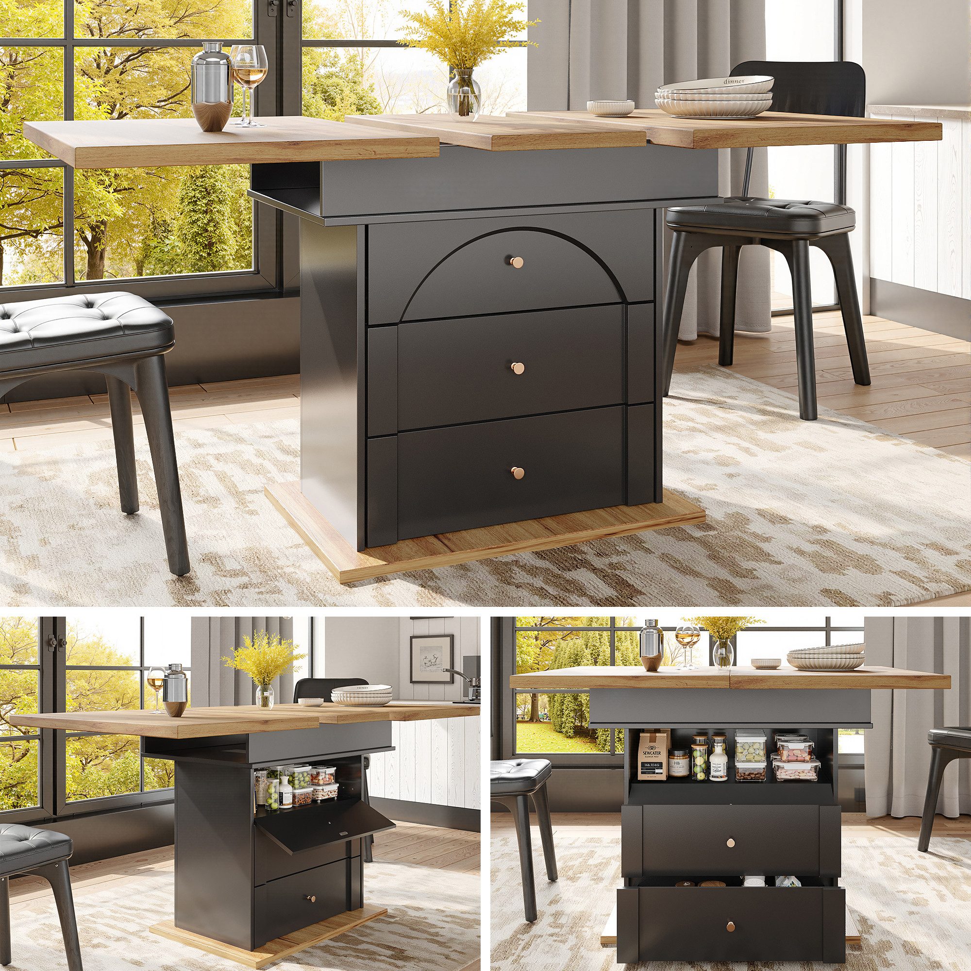 Celya Esstisch Multifunktionaler Ausziehtisch 110-140×80cm,klappbarer Küchentisch (für 4-6 Personen), Ausziehbarer Esstisch,platzsparender Küchentisch, Schwarz