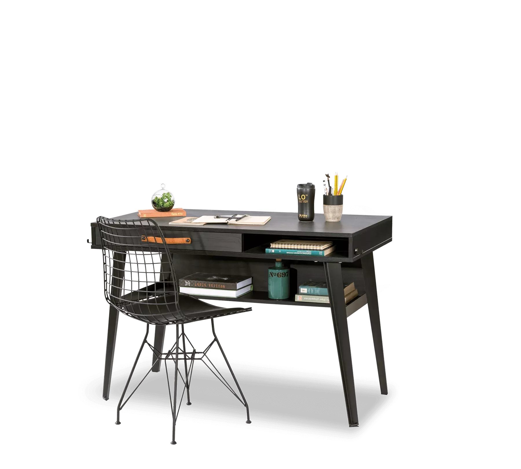 Möbel-Zeit Schreibtisch DARK METAL 2 offenen Fächern unter der Arbeitsplatte