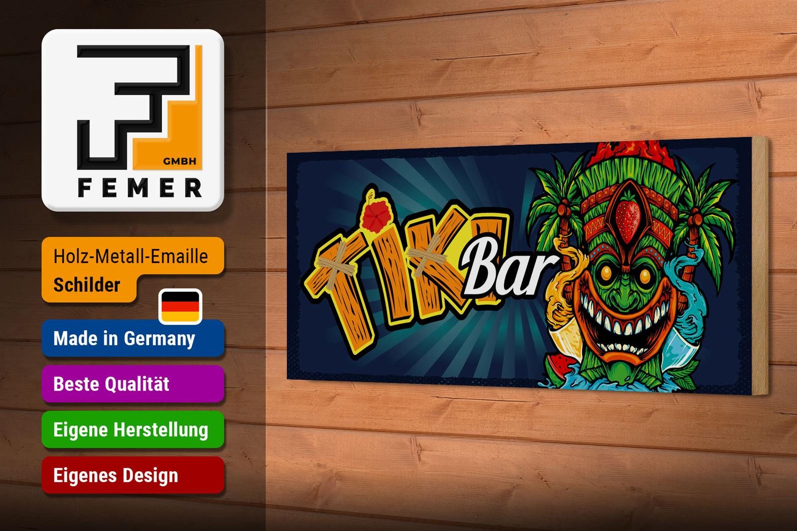 Femer GmbH Holzbild Hinweis 27x10 cm Tiki Bar buntes, (1 St), Glatte Holzfaserplatte (MDF), vorn beschichtet
