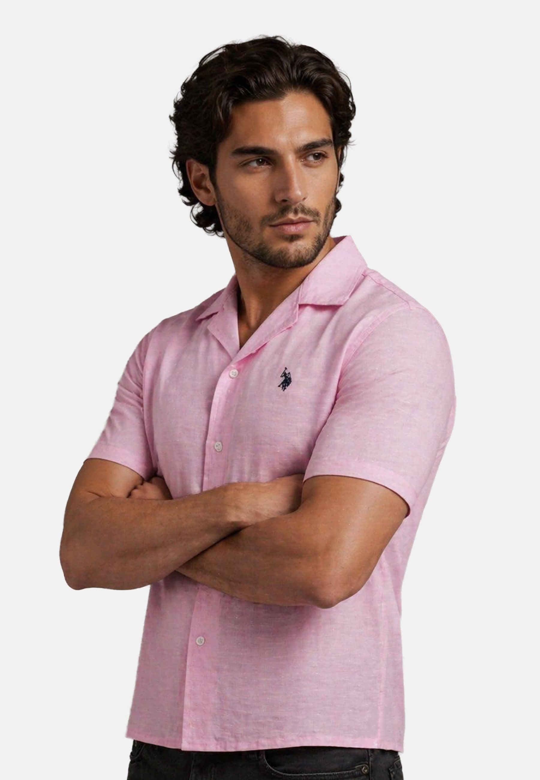 U.S. Polo Assn. Leinenhemd USTyyler Herren Leinenhemd kurzarm – Sommerhemd mit Kubakragen Leichtes Kurzarmhemd aus Leinenmix mit Knopfleiste