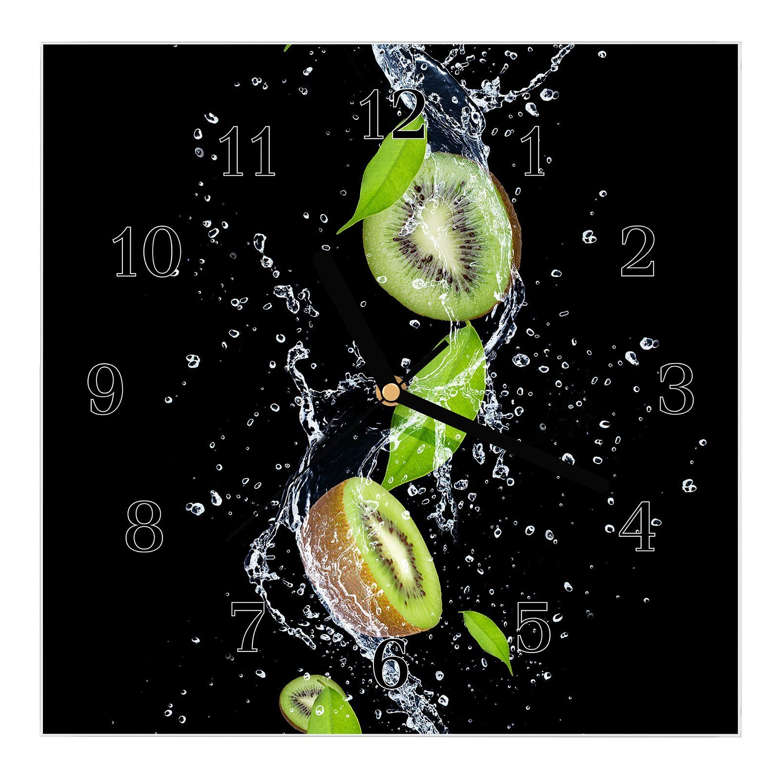 Primedeco Wanduhr Glasuhr Wanduhr Wandkunst Größe 30 x 30 cm mit Motiv Kiwi auf Wassersplash