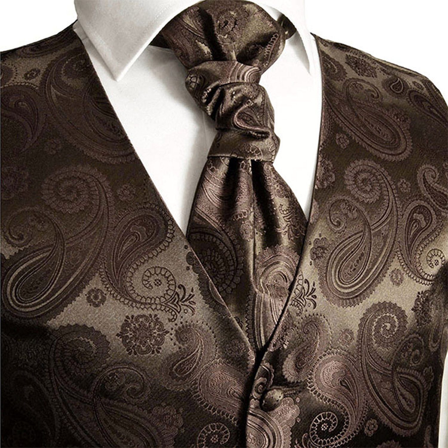 Paul Malone Anzugweste Herren Hochzeitsweste mit Plastron Set 2tlg paisley - Bräutigam (Set, 2-tlg., mit Weste und Plastron) braun V96, Gr. 50 (S)