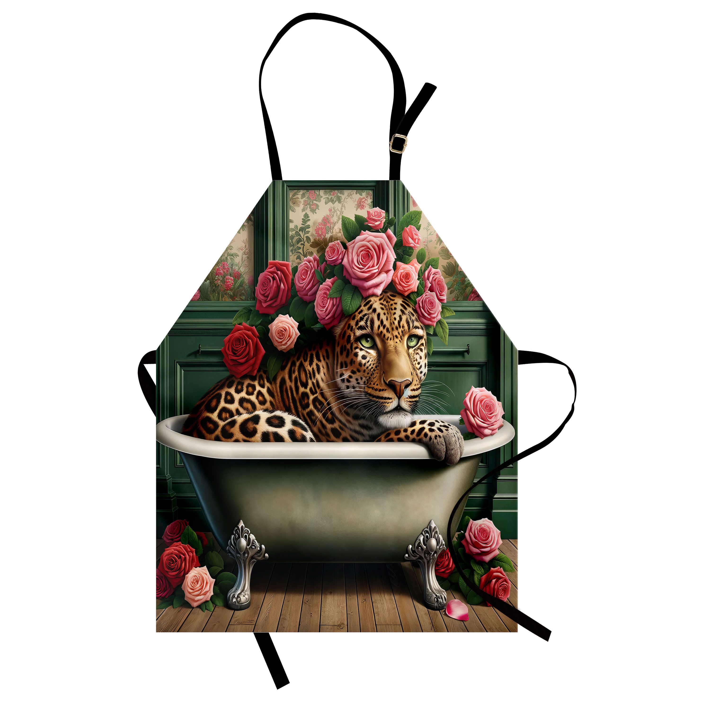 Abakuhaus Kochschürze Höhenverstellbar Klare Farben ohne verblassen, Leopard Blühende englische Rosen Cottagecore