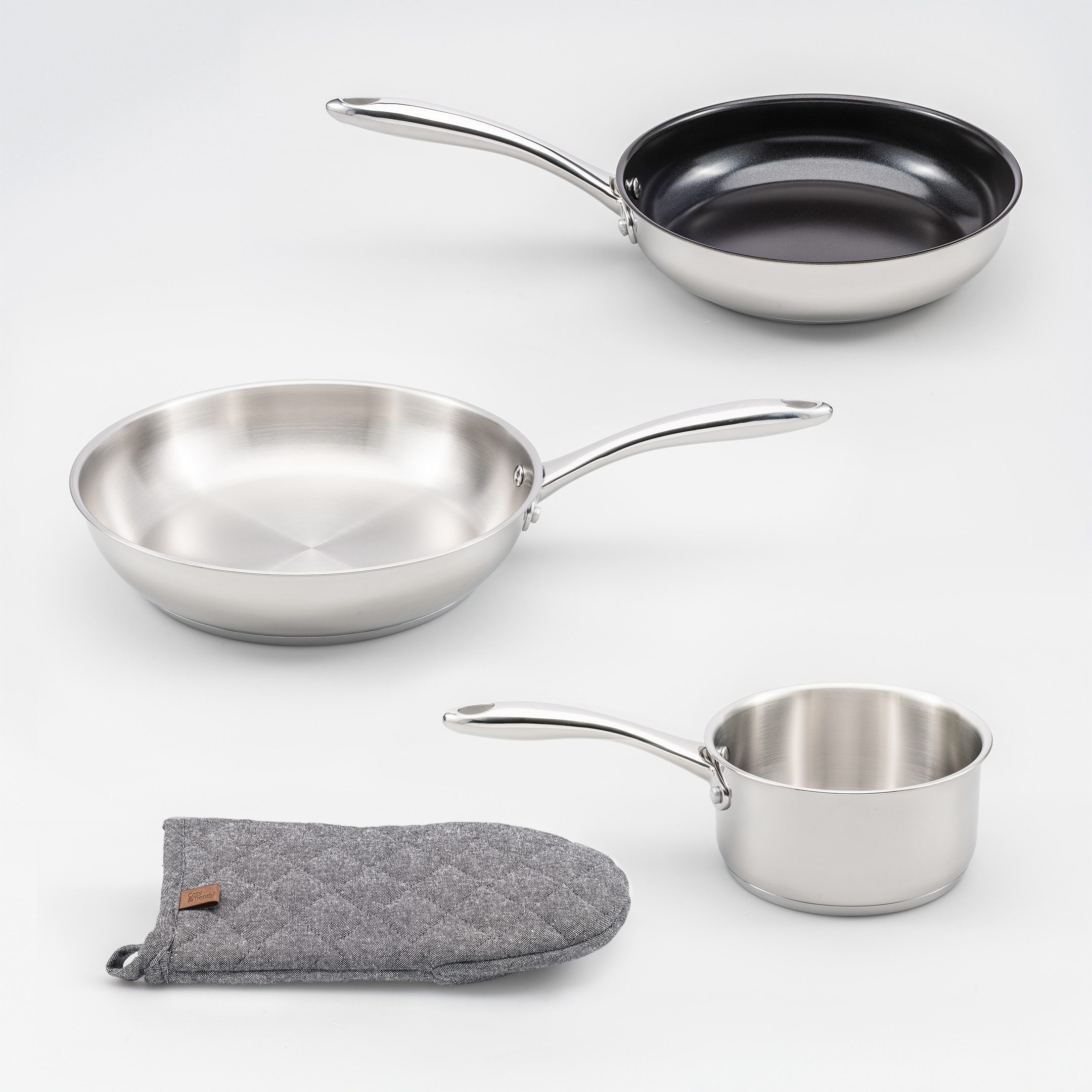 Cosy & Trendy Topf-Set Cosy & Trendy Classic Kochgeschirr-Set, Aluminium, Edelstahl 18/10 (Set, 12-tlg., 12-teilig: Töpfe, Stielkasserolle, Pfannen, Deckel, Handschuh), Topf-Set mit Edelstahl 18/10, Antihaftpfannen und Deckeln