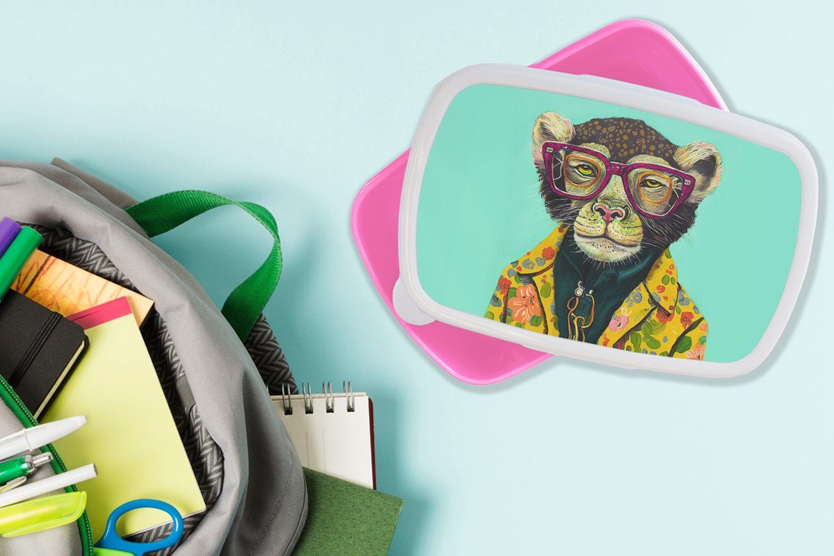 - Mädchen, MuchoWow Kunststoff, Tiere, - Erwachsene, Kinder, Rosa für Brotbox Affe Brotdose - Brille (2-tlg), - Design Snackbox, Lunchbox Kunststoff