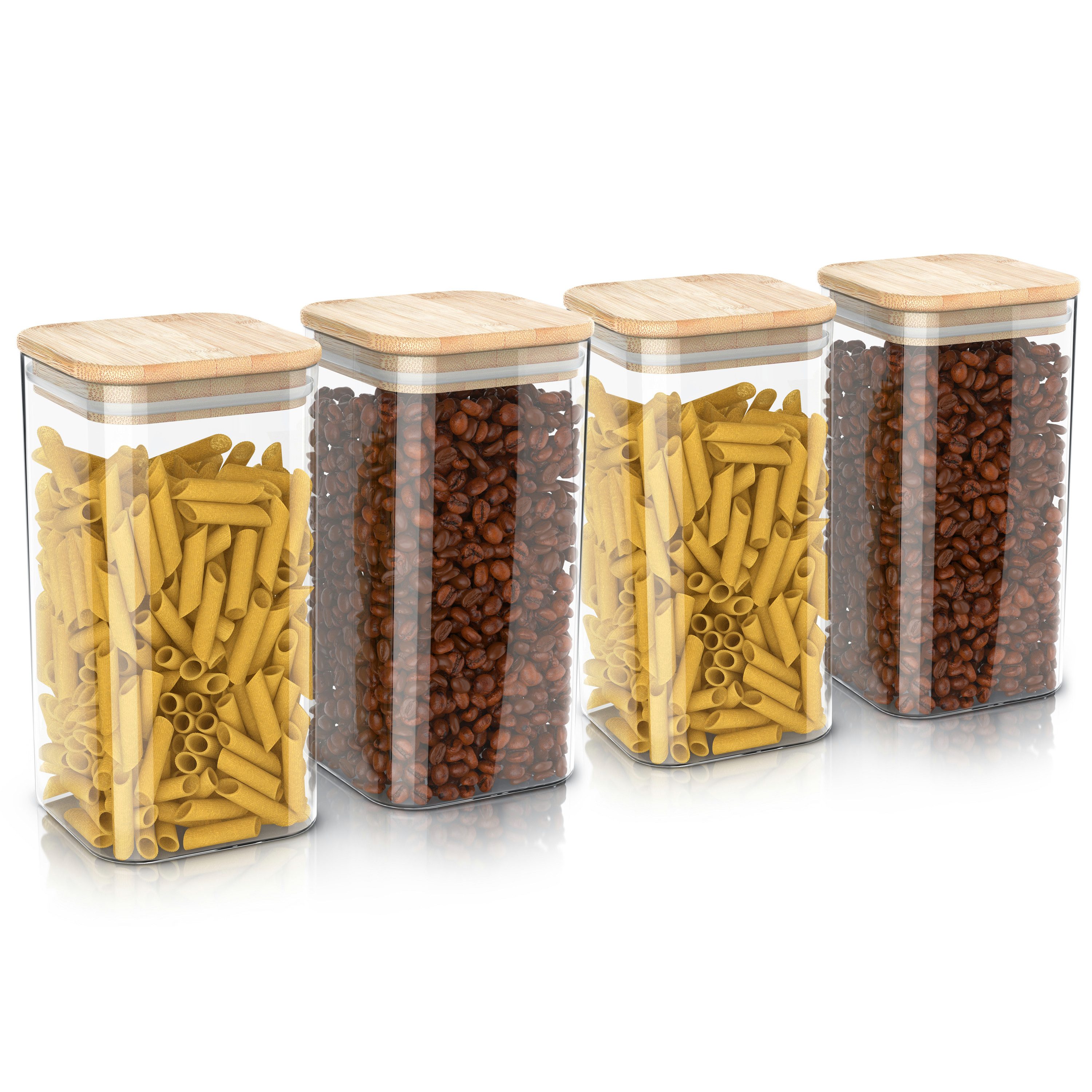 Arendo Aufbewahrungsbecher Glasbehälter-Set 4x 1,65 L Borosilikatglas mit Bambusdeckel, luftdicht, Borosilikatglas; Bambus; Silikon, (Vorratsbehälter-Set, 4-tlg., 4er Set), Hitzebeständig, umweltfreundlich, langlebig, mikrowellengeeignet