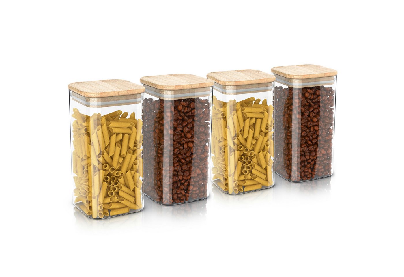 Arendo Aufbewahrungsbecher Glasbehälter-Set 4x 1,65 L Borosilikatglas mit Bambusdeckel, luftdicht, Borosilikatglas, Bambus, Silikon, (Vorratsbehälter-Set, 4-tlg., 4er Set), Hitzebeständig, umweltfreundlich, langlebig, mikrowellengeeignet