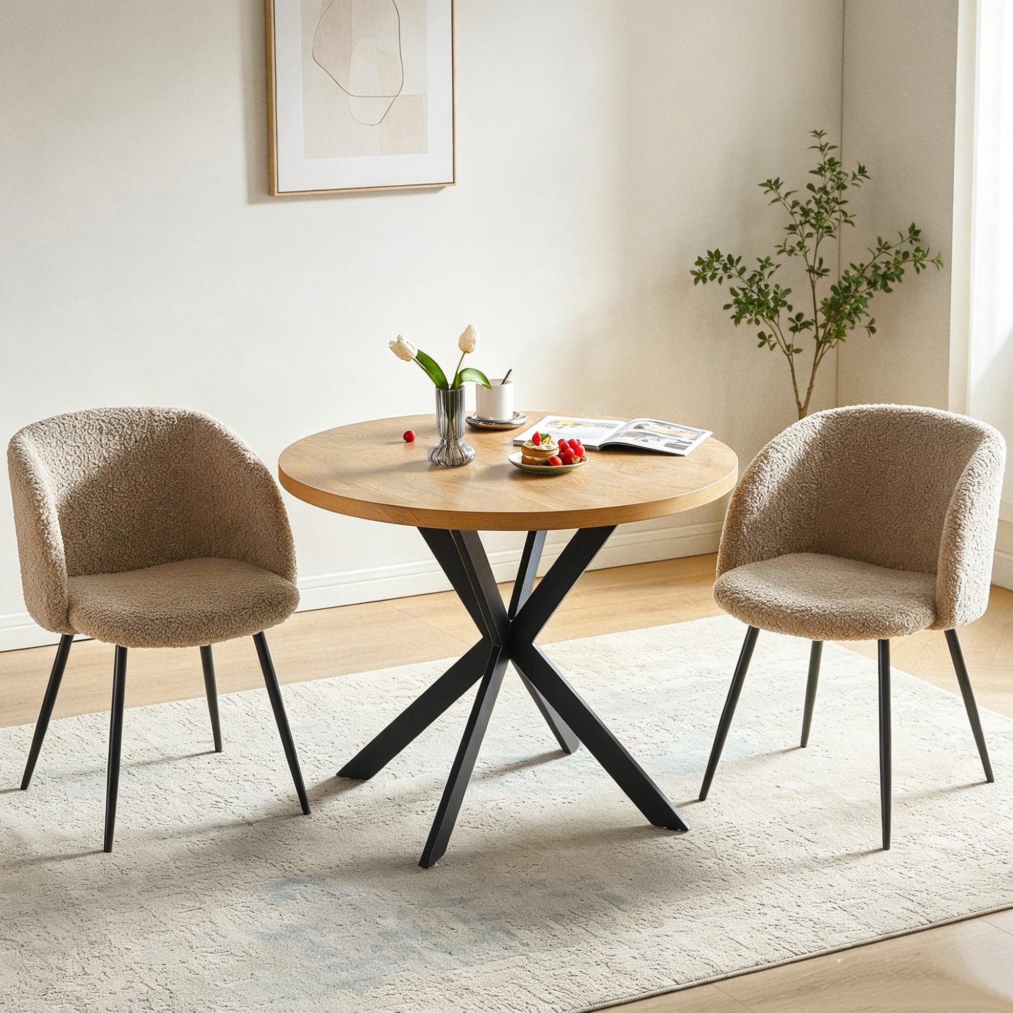 NORDICANA Essgruppe runder Esstisch Ø 95 cm mit Esszimmerstuhl, (3-tlg., 1 Esstisch und 2 Küchenstühle)