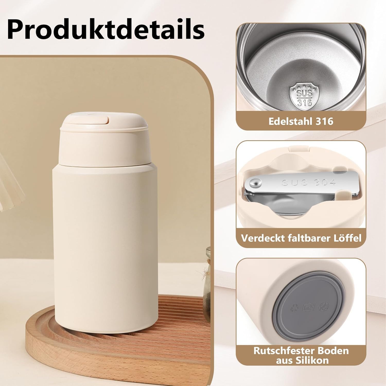 BlingBin Thermobehälter 800ML Edelstahl Warmhaltebehälter Essen mit Löffel und Deckel, Rostfreier Stahl 316, (1er Set, 1-tlg., Fassungsvermögen: 800 ml, Maße der Thermoskanne: 9,5 × 9,5 × 19 cm), Thermobox mit Aufbewahrungstasche für Gefrierschrank, Spülmaschine
