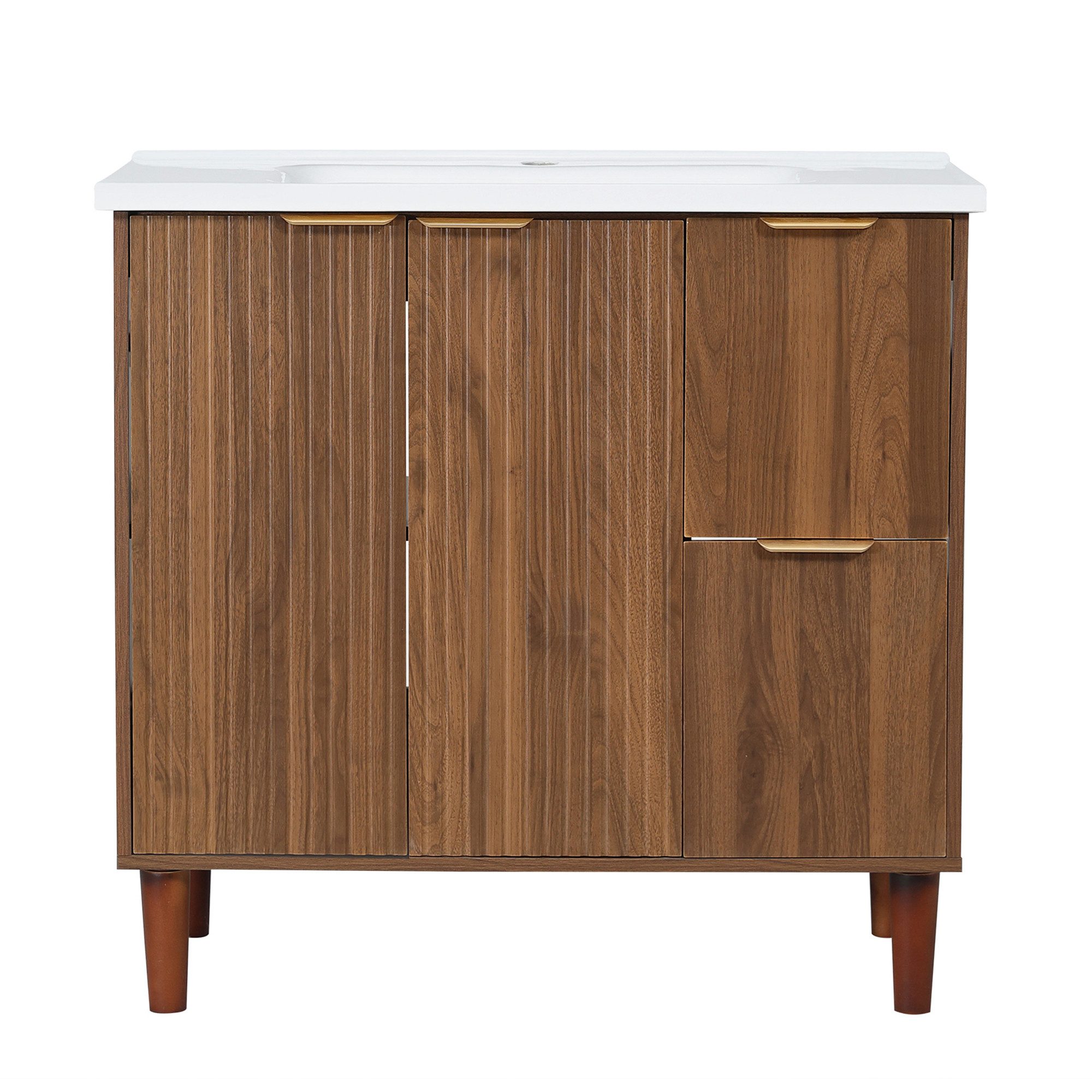 Flieks Waschtisch Waschbeckenunterschrank mit Doppeltüren, 2 Schubladen, Massivholzfüßen (91x47x87 cm, 1-St., bodenstehender Badkommode mit Soft-Close-Funktion- – Bild 5 von 5