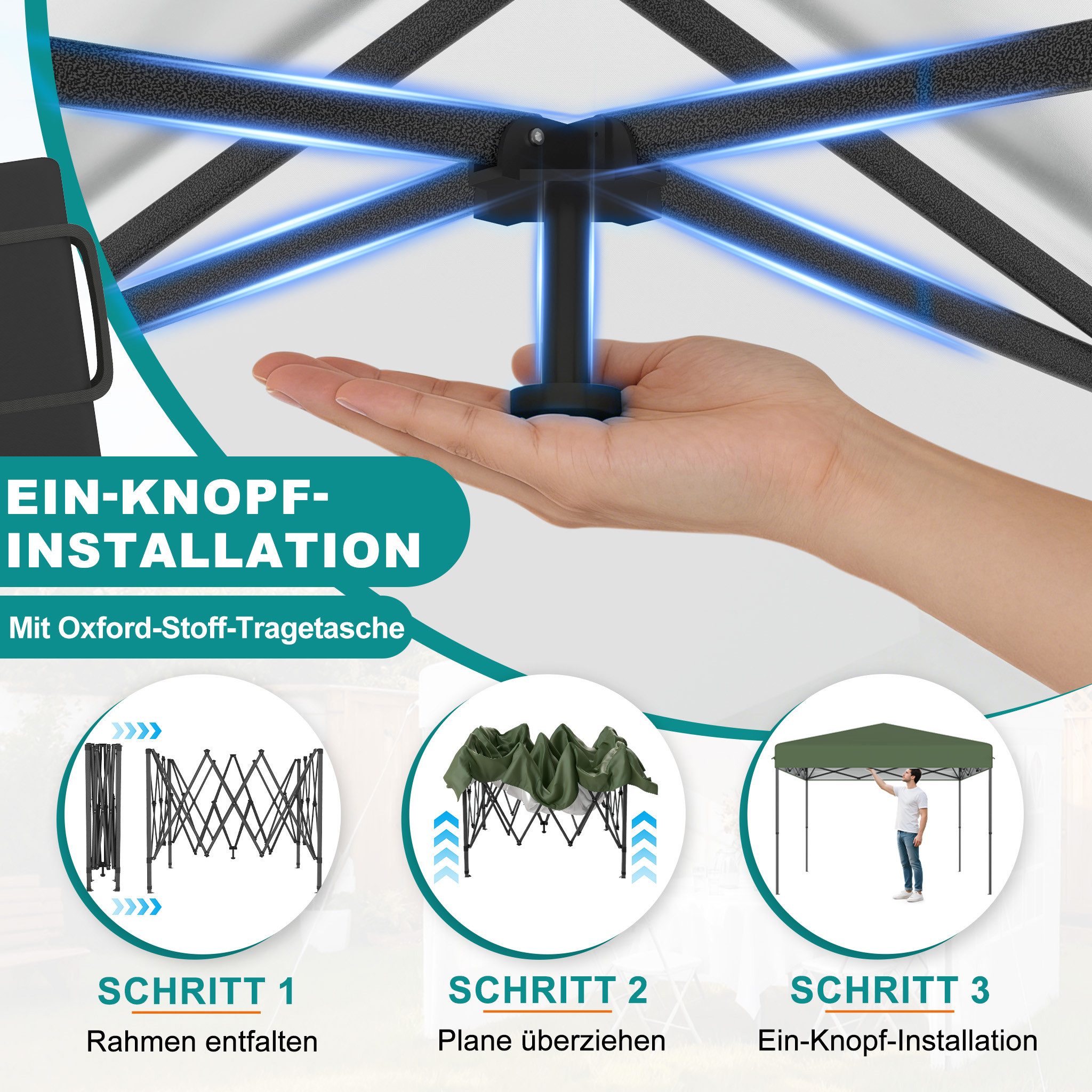 FIVMEN Partyzelt Pop Up Faltbar 3x3m für Garten Winterfest Faltpavillon Stahlrahmen, UV Schutz Camping Party, Hochzeit Höhe Verstellbar 240-260cm