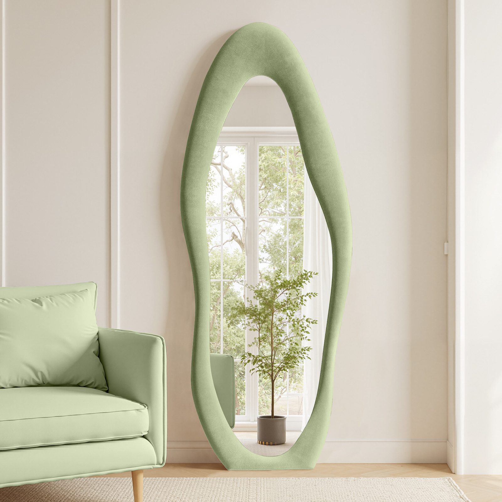 LUNAMIRROR Ganzkörperspiegel in organische Form, mit Samtbezug und Holzrahmen (1-St), stehend & hängend, 160x60 cm