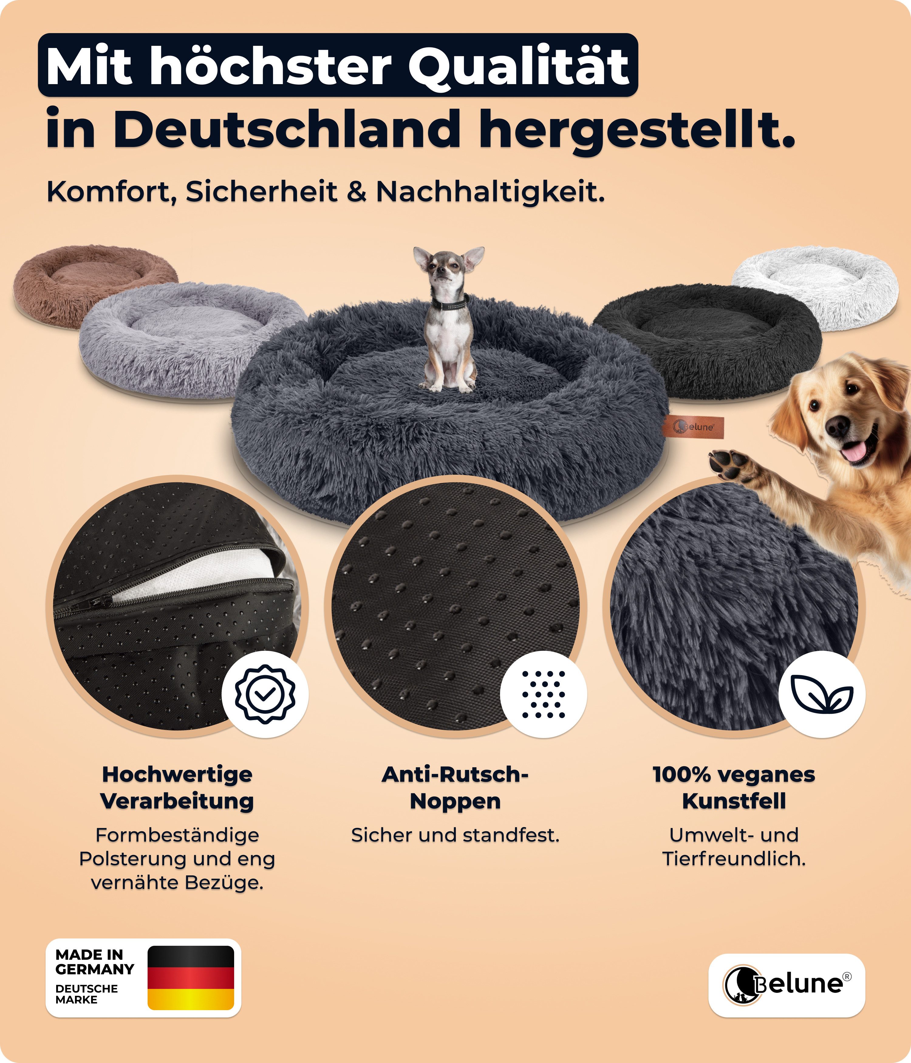 Belune Tierbett Kuschelweiches Hundebett mit Bezug - Original Belune - Made in Germany, vegane Materialien, waschbarer Bezug, verschiedene Größen und Farben, extra gemütlich