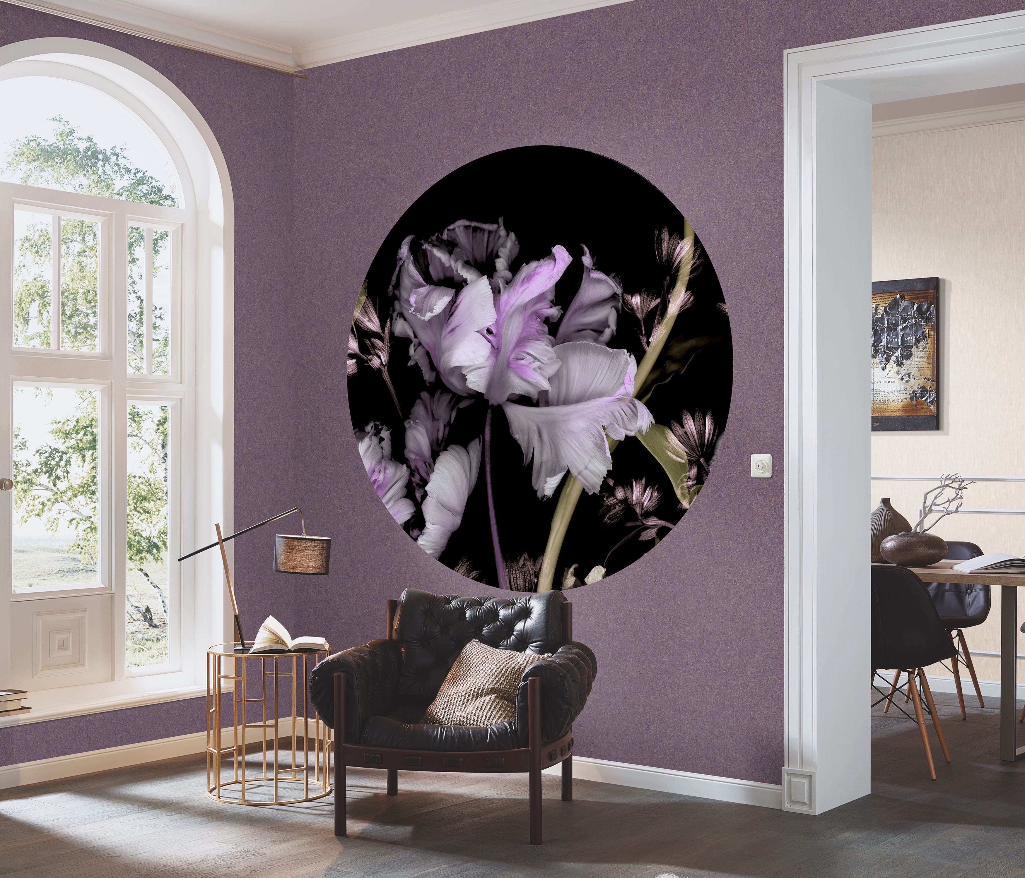 Newroom Vliestapete Circle Cellica Violett Tapete Mustertapete Blumen,Blüten,Blätter, [ 1,4 x 1,4 m ] großzügiges Motiv - kein wiederkehrendes Muster - Fototapete Wandbild Blumen Blüten Blätter Made in Germany, Vintage