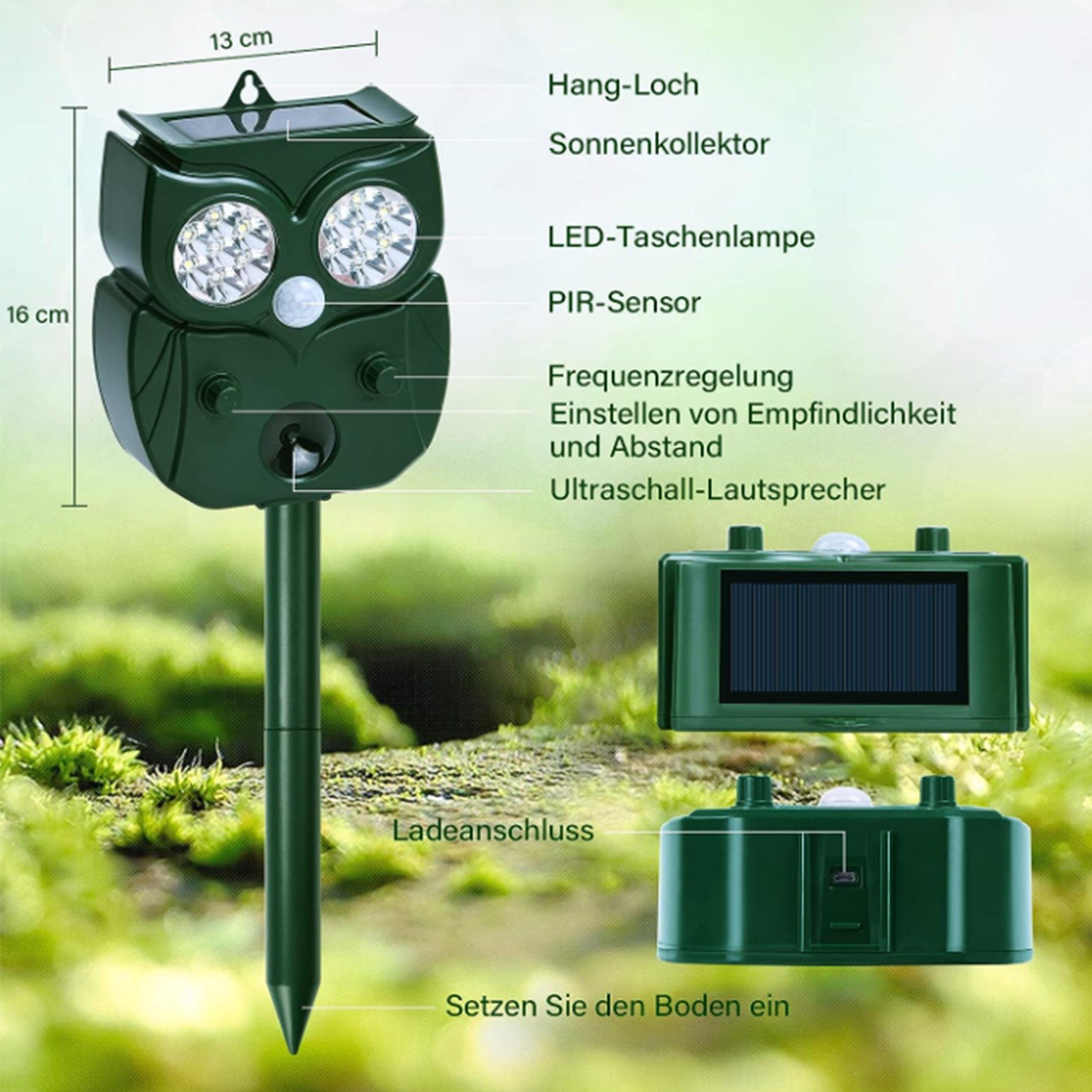 feinlux Ultraschall-Tierabwehr Ultraschall-Tierabwehr Mausabwehr, set 1-tlg., Rote und weiße LED + USB-Aufladung + Solaraufladung, Solarbetrieben Große Reichwei – Bild 5 von 5
