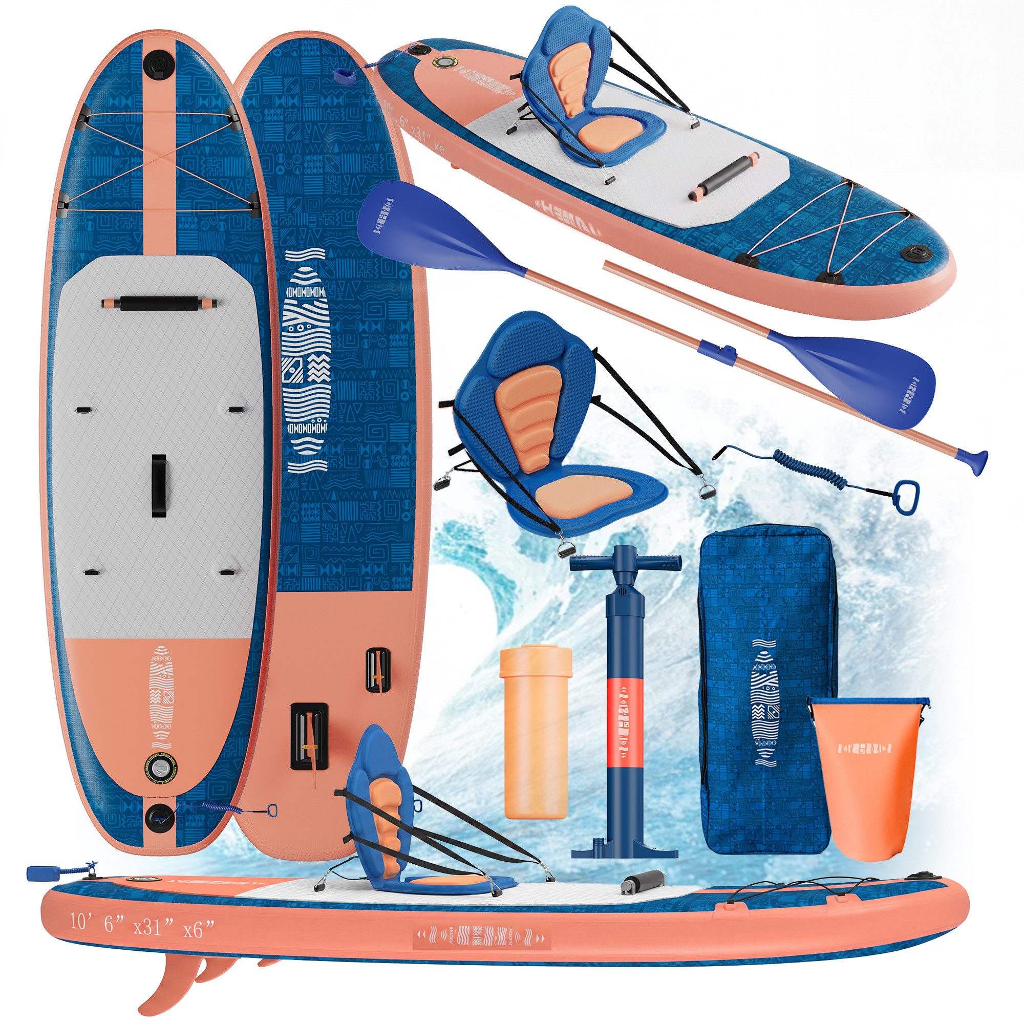 GUNJI Inflatable SUP-Board Aufblasbares 320*80*15CM stehendes Zellstoffbrett Tragfähigkeit 130KG, (Mit Kajaksitz, Rucksack, Pumpe, Doppelpaddeln, Sportkamerahalter, wasserdichter Handytasche, ideal zum Surfen, Angeln)