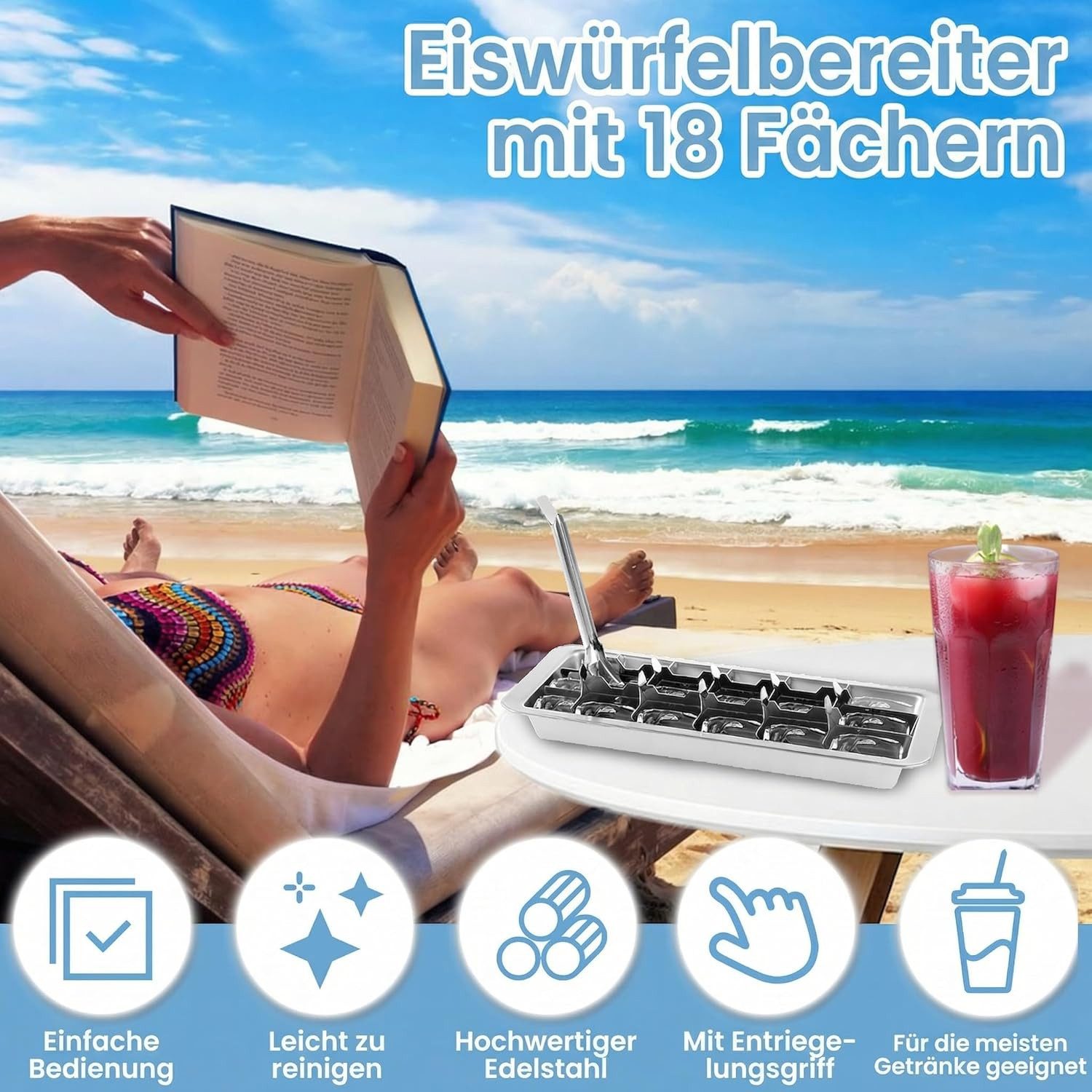 FELIXLEO Eiswürfelform Eiswürfelform Edelstahl 18 Fächer Metall Eiswürfelbehälter Henkel, (1-tlg)