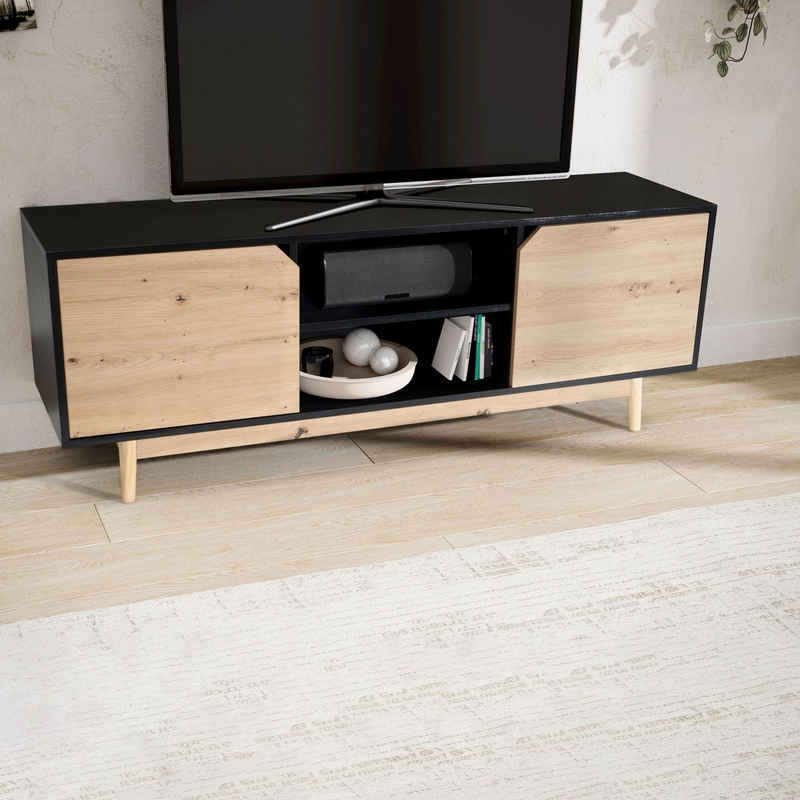 FINEBUY Lowboard FB100037 (Schwarz Eiche-Dekor, 150x55x40 cm, zwei Türen), TV-Kommode Hoch, TV-Schrank Modern Fernsehtisch