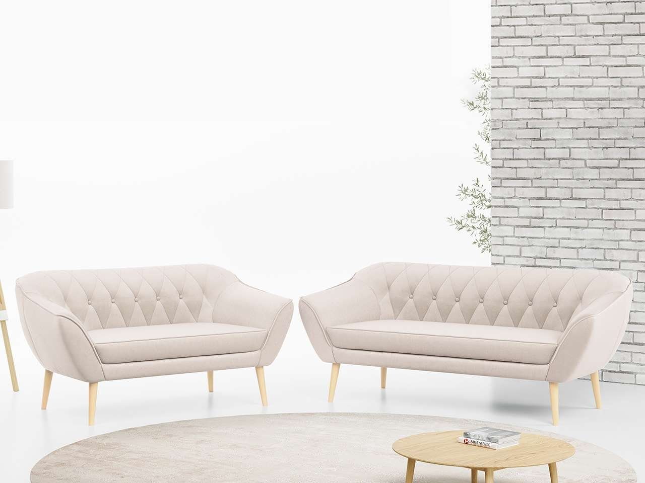 MKS MÖBEL Sofa PIRS 3 2, Skandinavischer Stil, Gesteppte Polsterung, Moderne Sofa Set 3 + 2 Cremig Casablanca