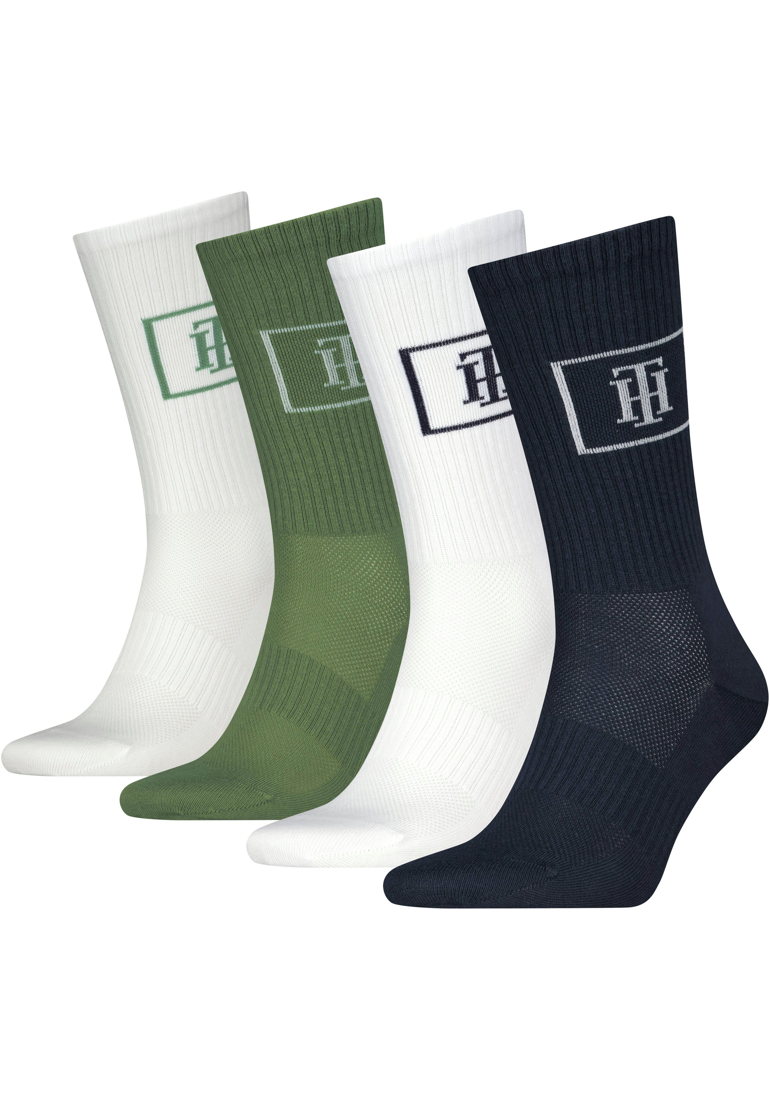 CREW Hilfiger Tommy Atmungsaktivität Mesh-Front mit MONOGRAM (4-Paar) Sportsocken ROOM SOCK für navy/green/white LOCKER