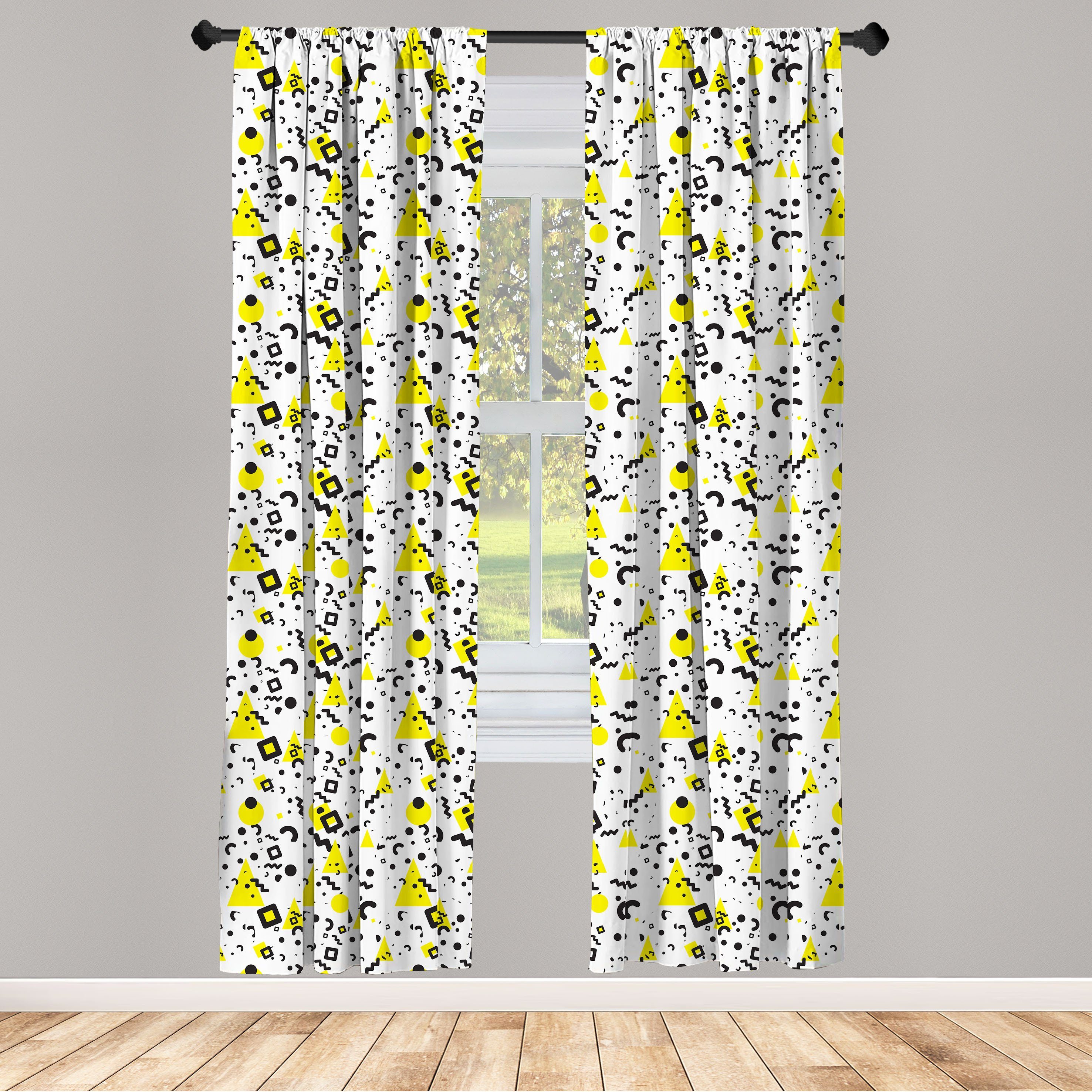 Gardine Vorhang für Wohnzimmer Schlafzimmer Dekor, Abakuhaus, Microfaser, Schwarz und Gelb 80er Memphis