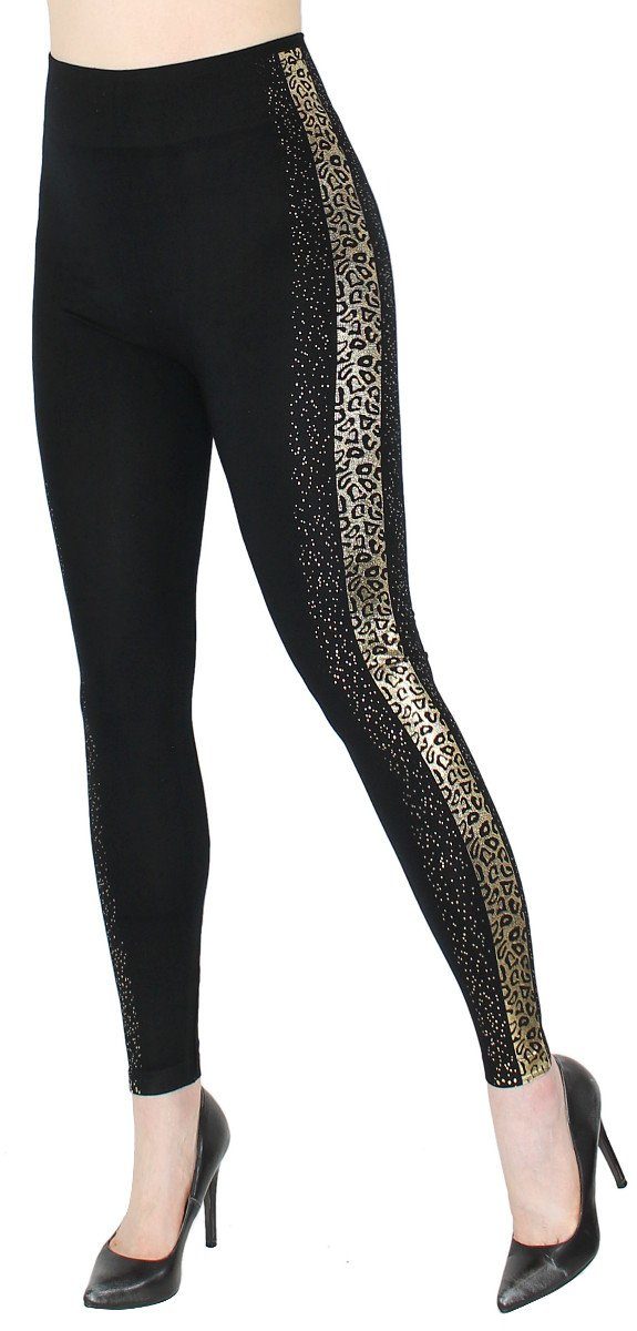 dy_mode Highwaist Leggings Damen Leggings mit Glanz Druck Schmetterling Muster Glitzer Leggins mit elastischem Bund, Hochbund JL649-StripesTigerGold