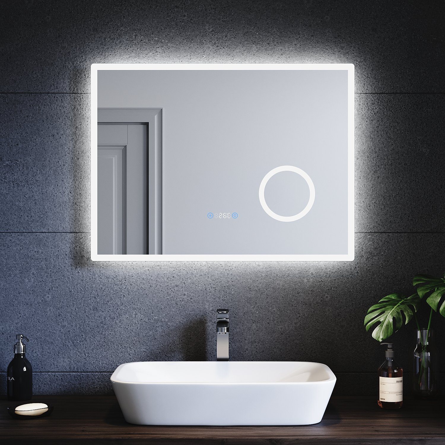 SONNI Badspiegel Badspiegel mit Beleuchtung kaltweiß, 3-facher Vergrößerung, Touch, Uhr, Temperatur, Beschlagfrei, Helligkeit einstellbar, Badezimmer, IP44