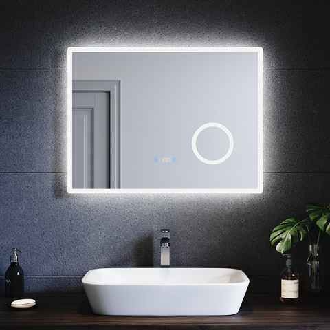 SONNI Badspiegel Badspiegel mit Beleuchtung kaltweiß, 3-facher Vergrößerung, Touch, Uhr, Temperatur, Beschlagfrei, Helligkeit einstellbar, Badezimmer, IP44