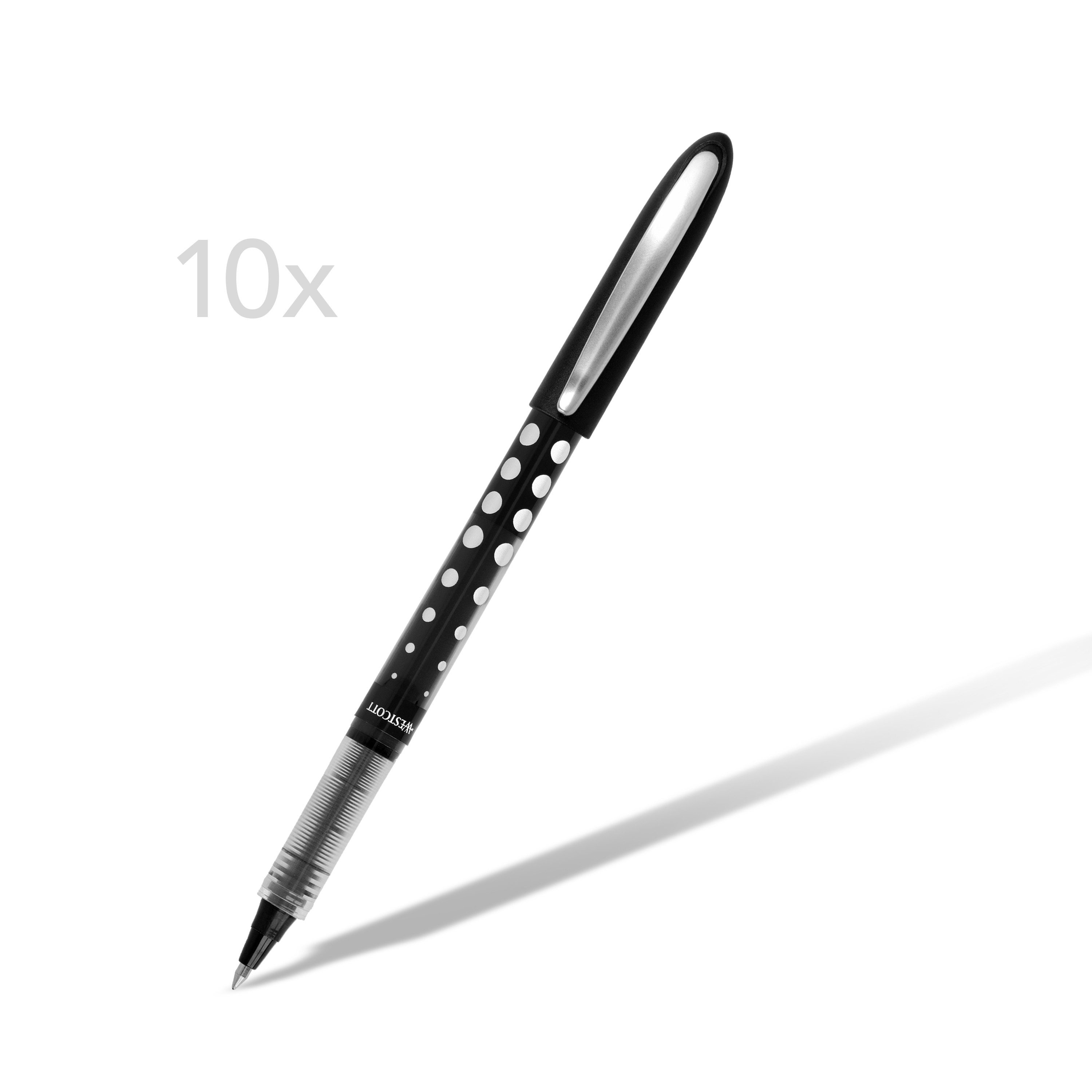 WESTCOTT Tintenroller Schwarz10 Stück, Rollerball Pen schwarze Tinte, 0,5 mm Strichstärke, (Vorteilspack, 10-tlg), transp. Füllstandsanzeige, Kapillartechnologie, ergonomischer Griff
