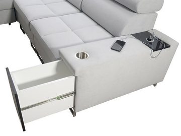 MIRJAN24 Wohnlandschaft Morena VIII, mit drei Bettkästen und Schlaffunktion, Einstellbare Kopfstützen, USB-Anschluss, Barfach, Lampe, Steckdose