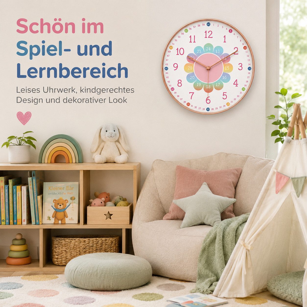ibettertec Wanduhr Kinderwanduhr, leise und nicht tickend, leicht zu lesen (ohne Ticken.20 cm Quartz geräuschlos Zimmer Jungen Mädchen 8 Zoll) – Bild 2 von 5