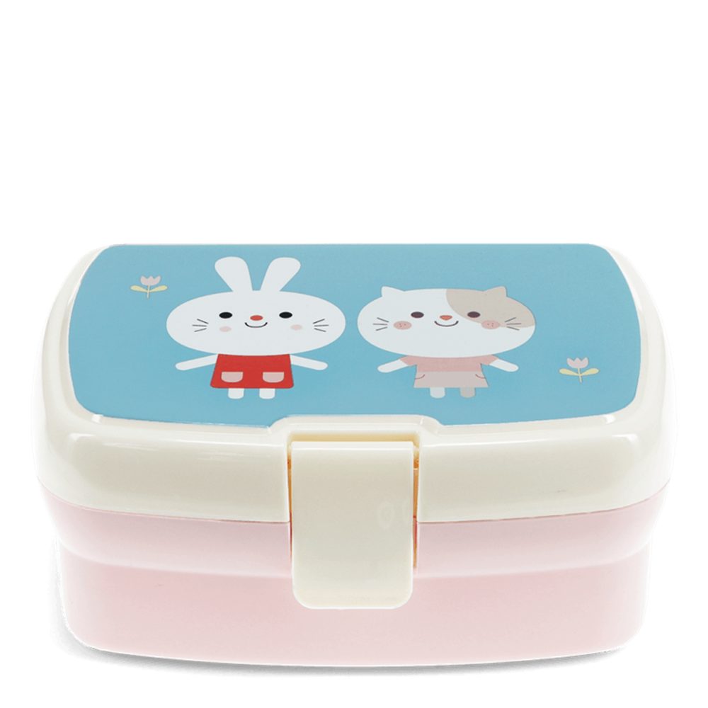 Rex London Lunchbox Lottie and Friends, Kunststoff, (mit Clipverschluss, 2-tlg., ca. 17 x 13 x 7,5 cm), Hase-& Katzen-Motiv, Snack Obst Behälter Dose Box
