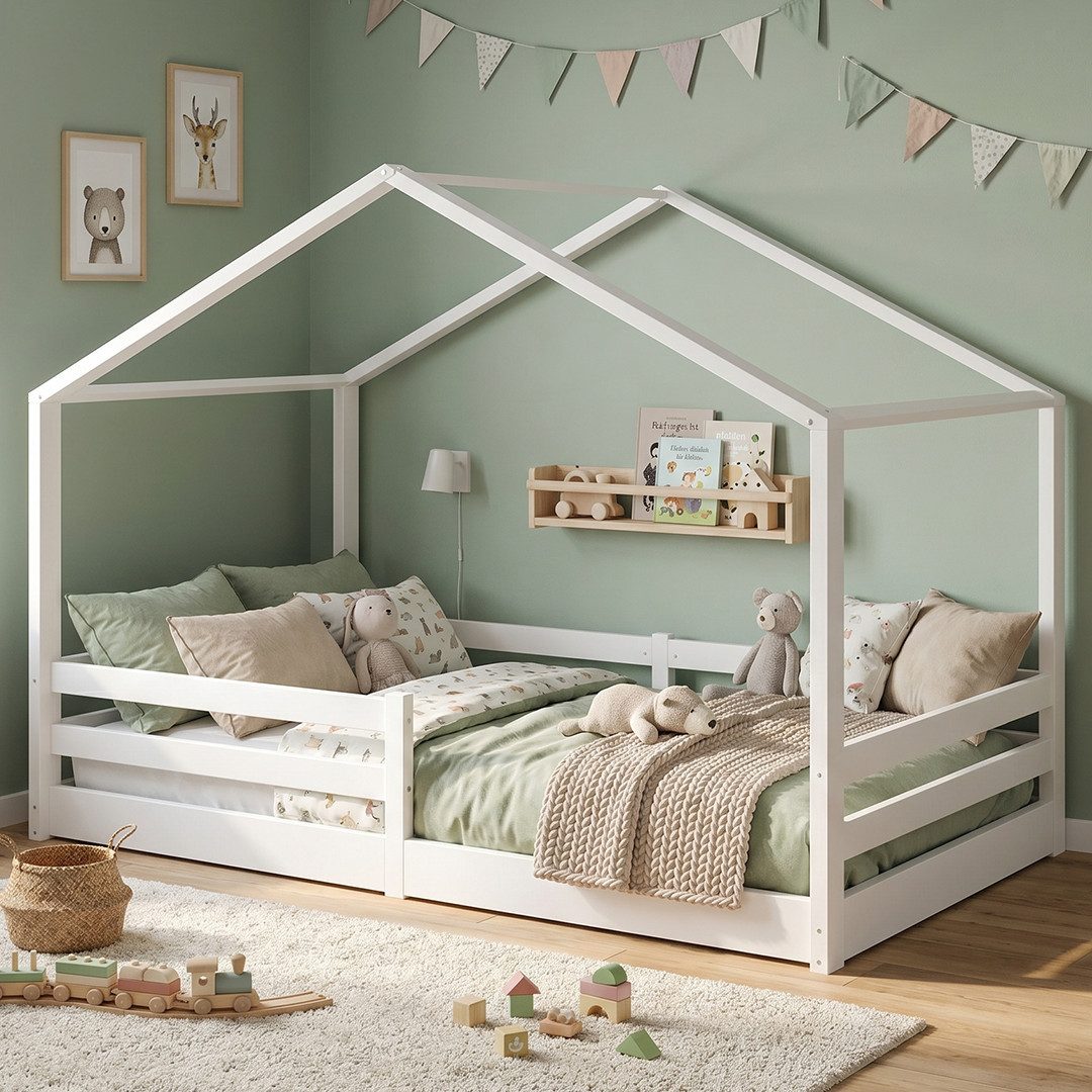Bellabino Hausbett Abia Kinderbett mit Lattenrost und Rausfallschutz (weiß, optional mit Matratze), Bodenbett 120x200 cm, verfügbar in verschiedenen Ausführungen